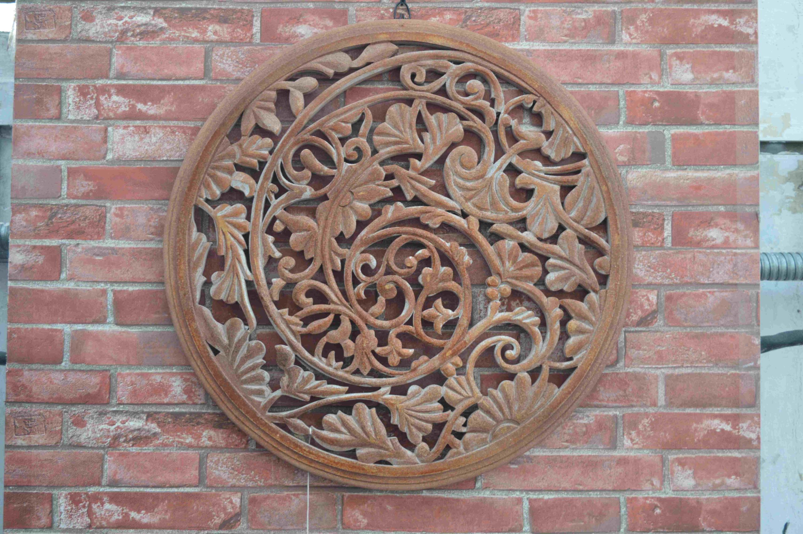 Handcrafted Round Wooden Wall Panel With Floral Carved Wall Art