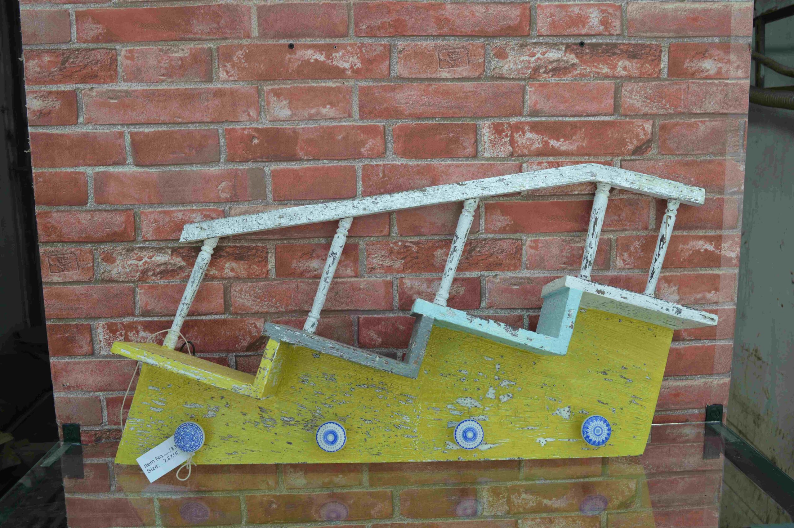 Rustic Wooden Wall Shelf with Staircase Design In Decorative & Functional