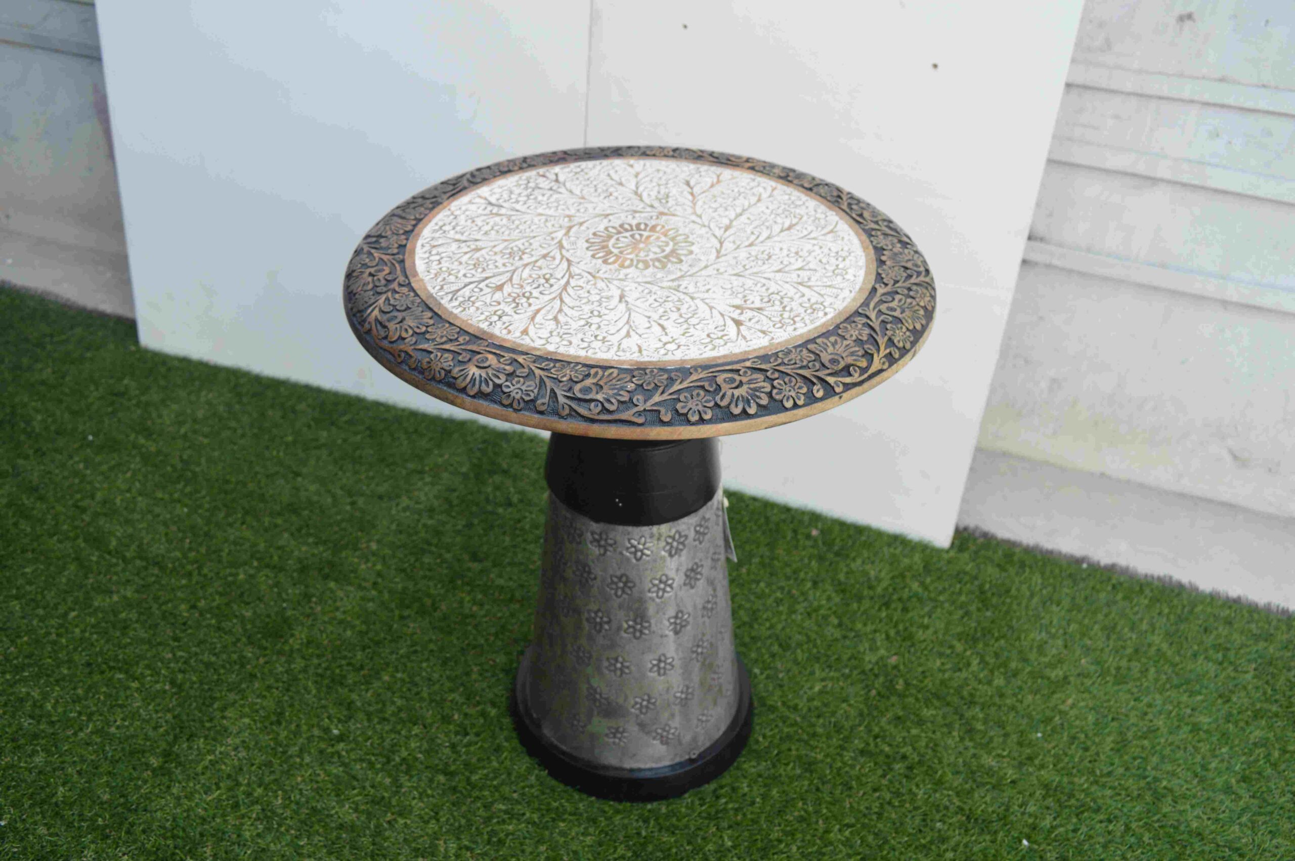 Handcrafted Round Side Table with Intricate Carving