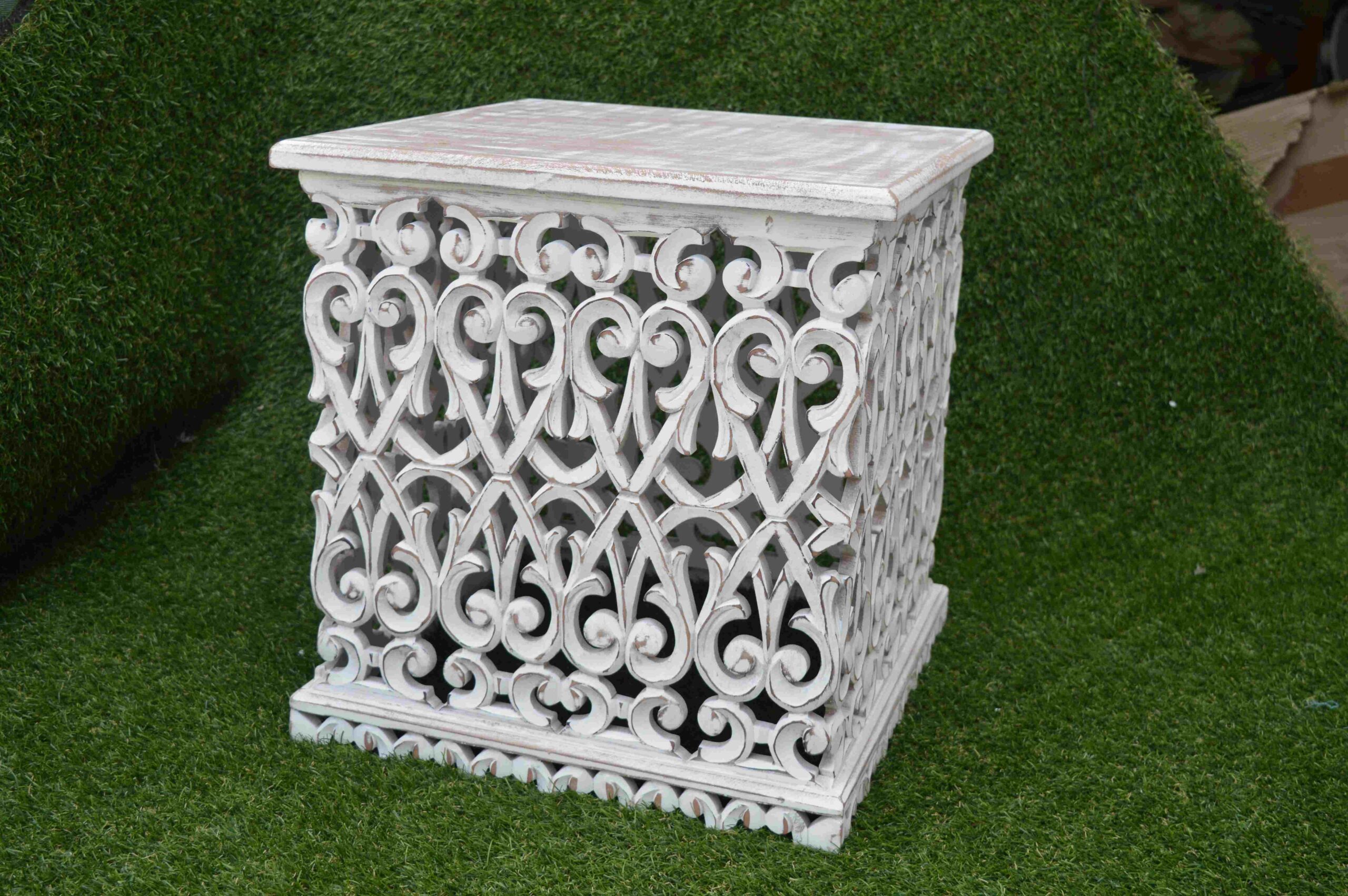 Handcrafted White Wooden Side Table With Intricate Carved Design