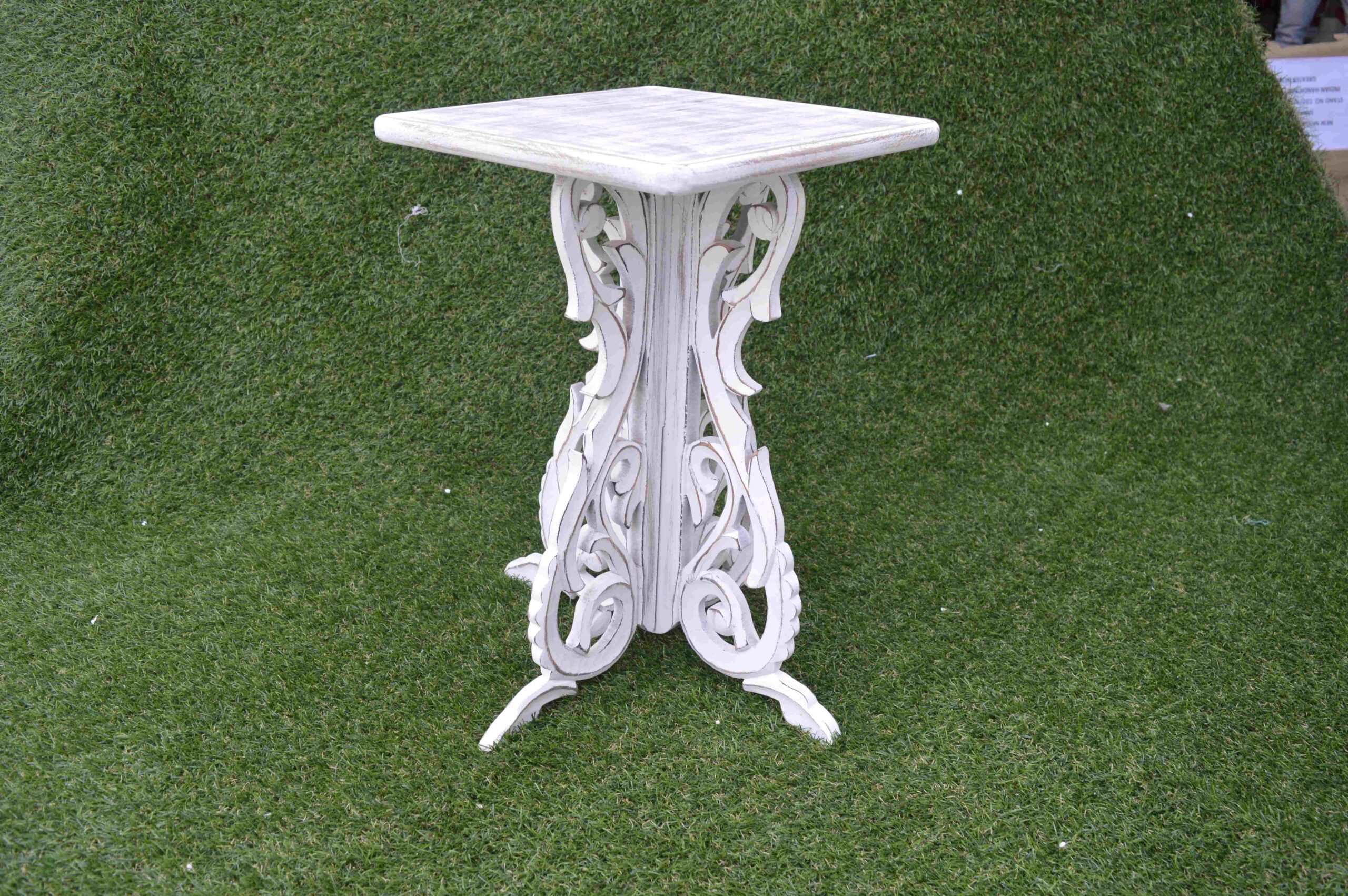 Handcrafted Wooden Side Table With Vintage White Carved Design