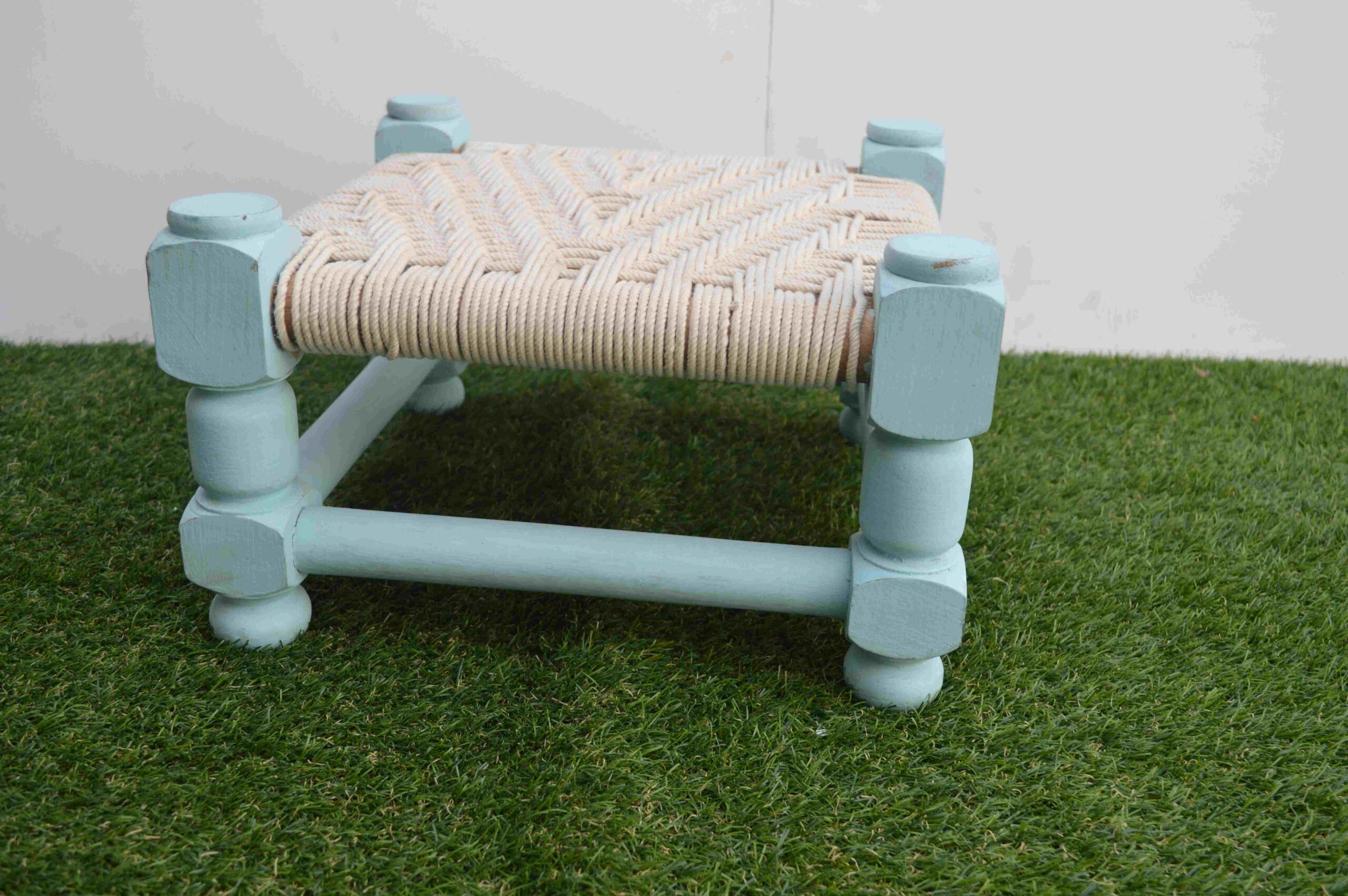 Handcrafted Mini Wooden Stool with Traditional Woven Seat