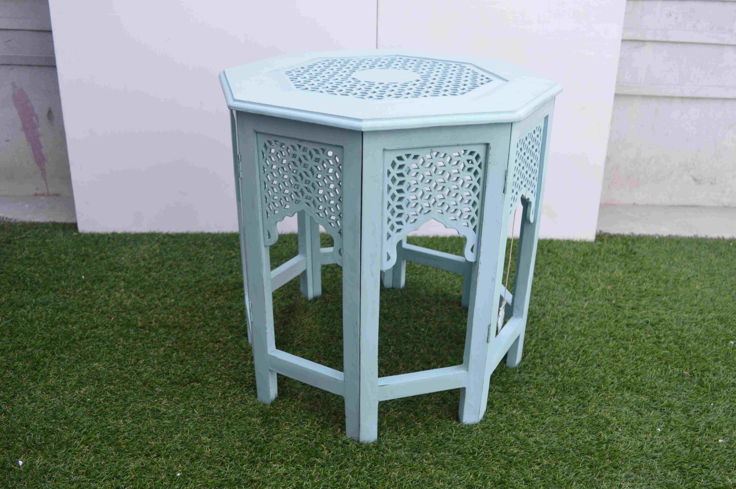 Handcrafted Light Blue Wooden Octagonal Side Table