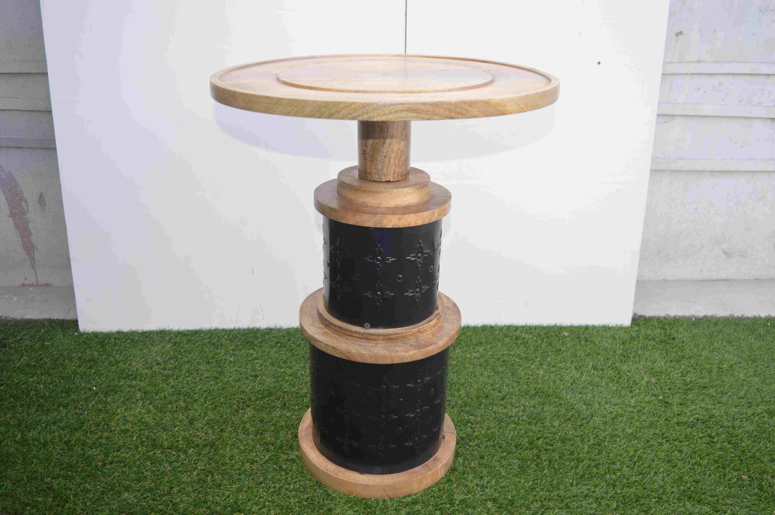 Rustic Wooden Round Side Table with Barrel-Style Base