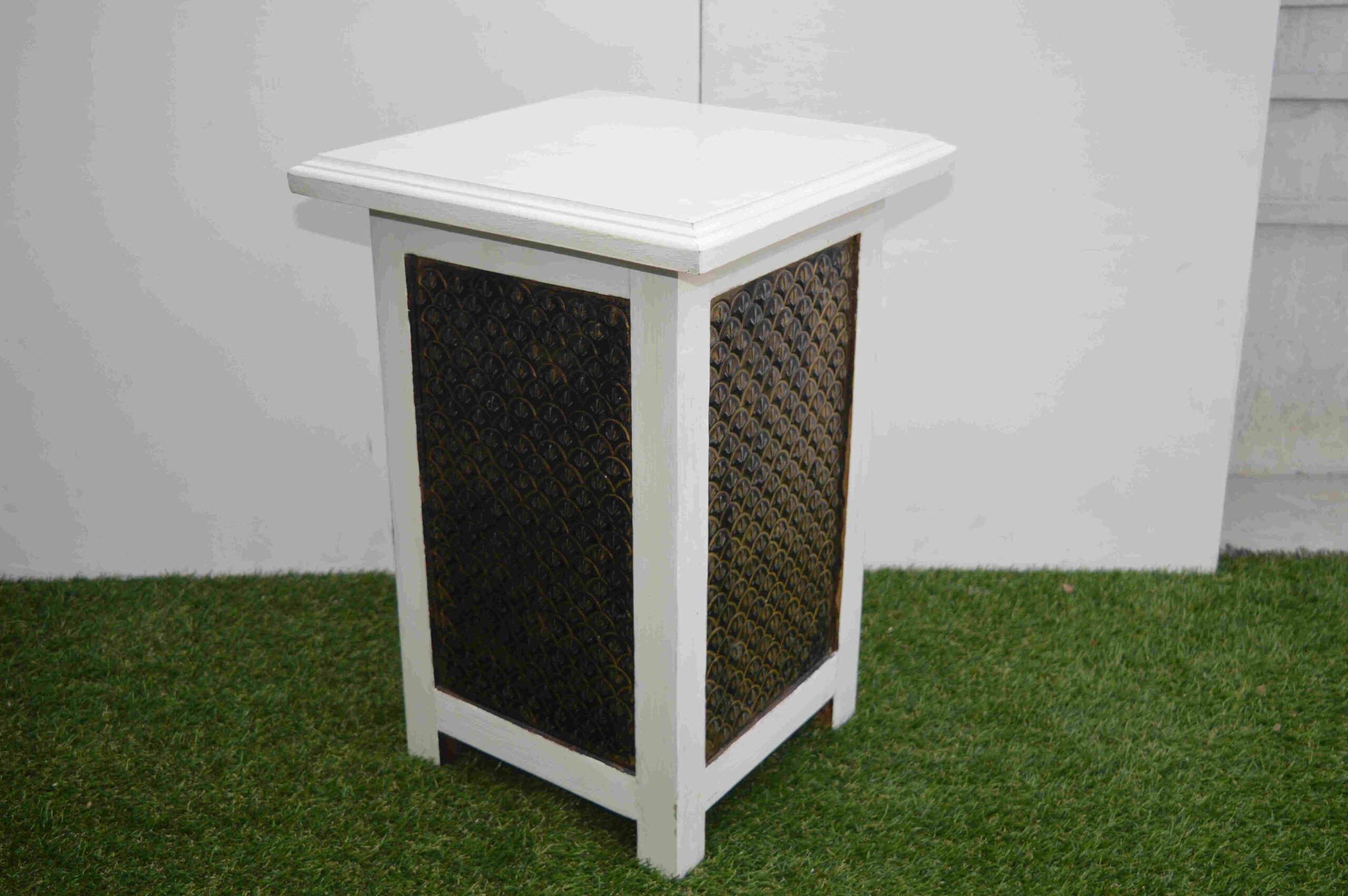 Elegant Wooden Side Table with White Frame & Woven Panel Design