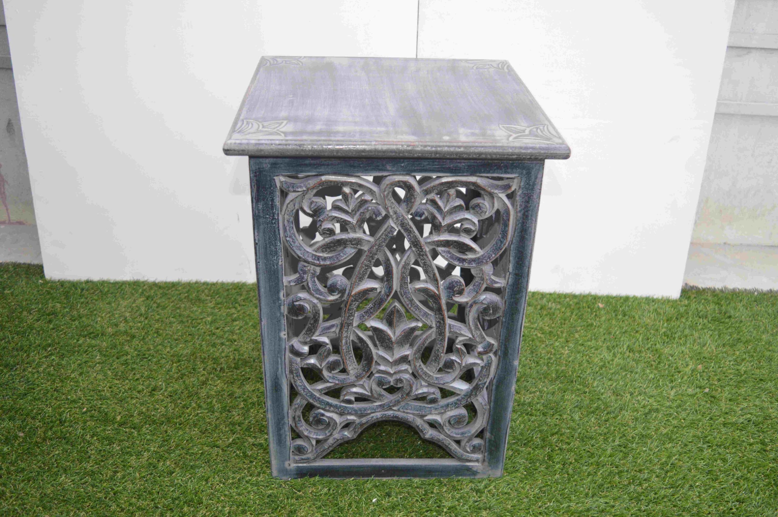 Handcrafted Wooden Side Table with Carved Design In Vintage Grey Finish