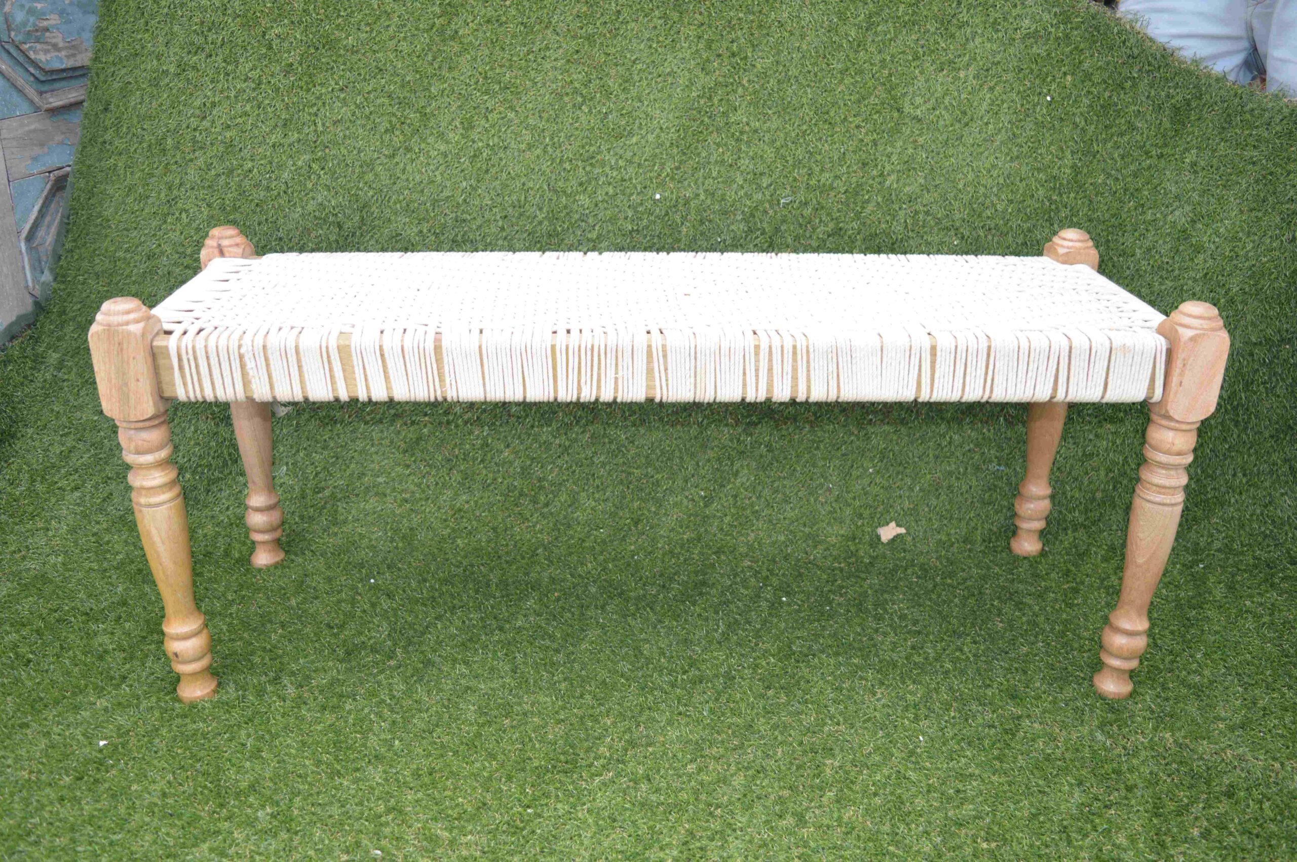 Handcrafted Wooden Bench with Traditional Woven Rope Seat In Rustic & Durable