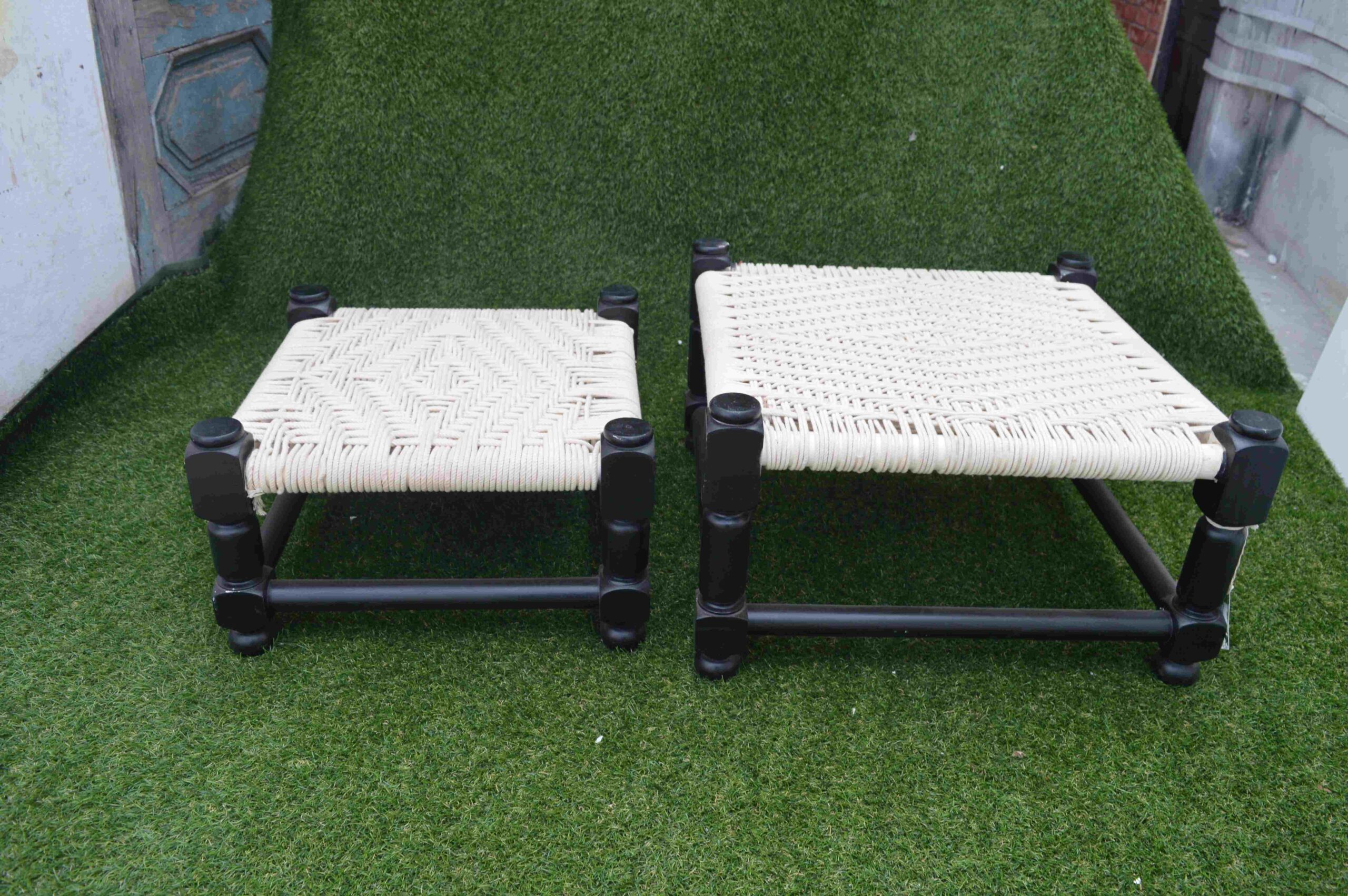 Handcrafted Traditional Wooden Mini Charpai And Stool Set With Woven Rope Seating
