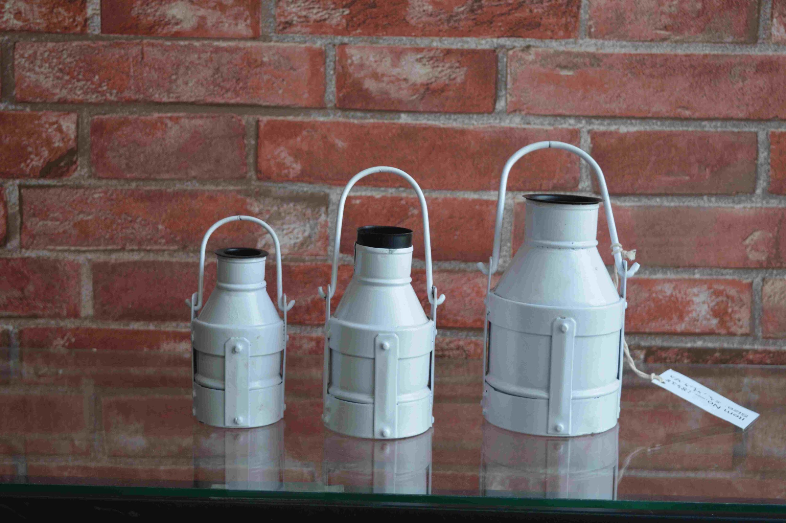 Set of 3 White Vintage Iron Milk Can Lanterns With Decorative Handcrafted Accent