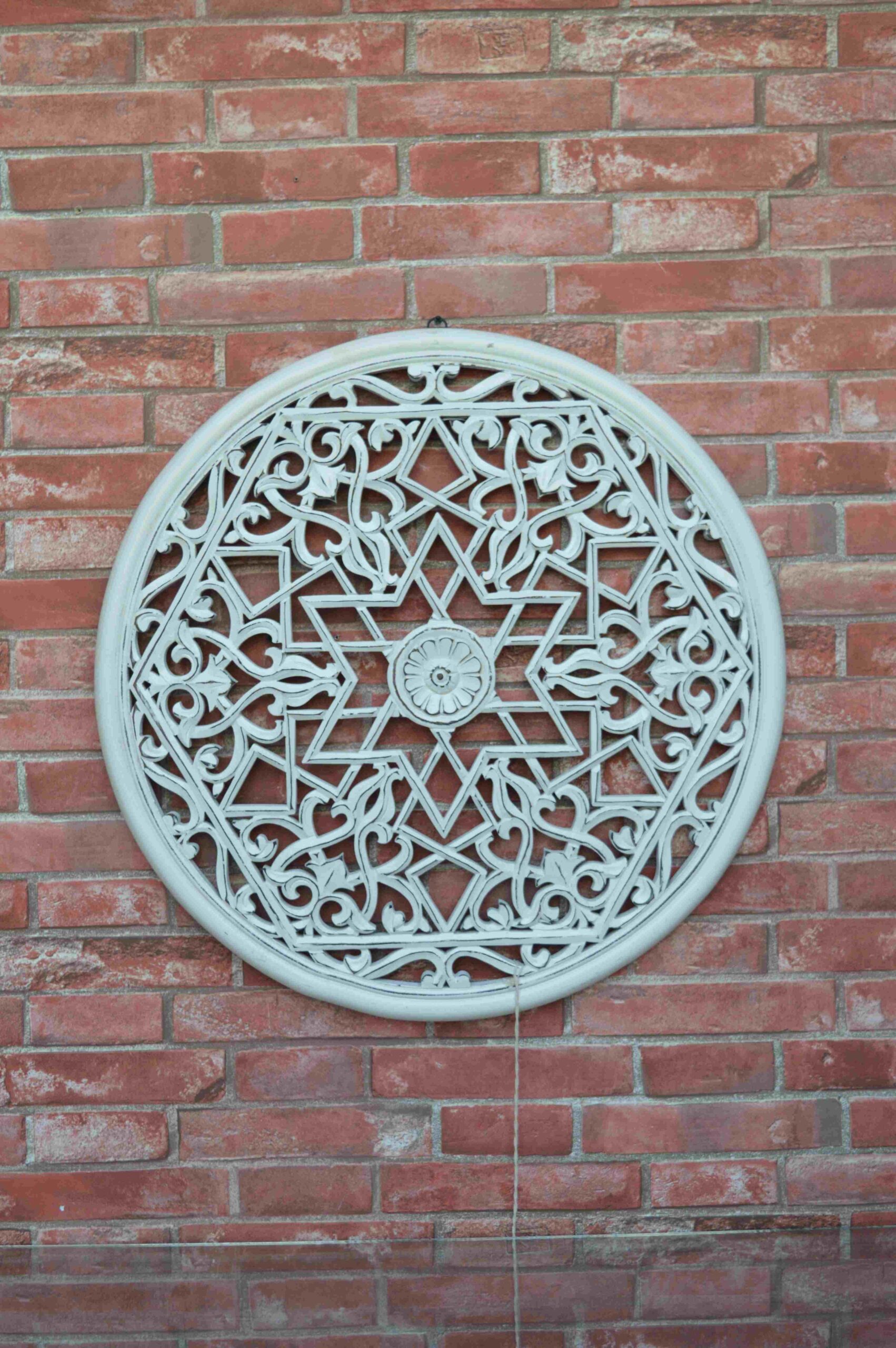 Handcrafted Round Wooden Wall Panel With Geometric Star & Floral Design