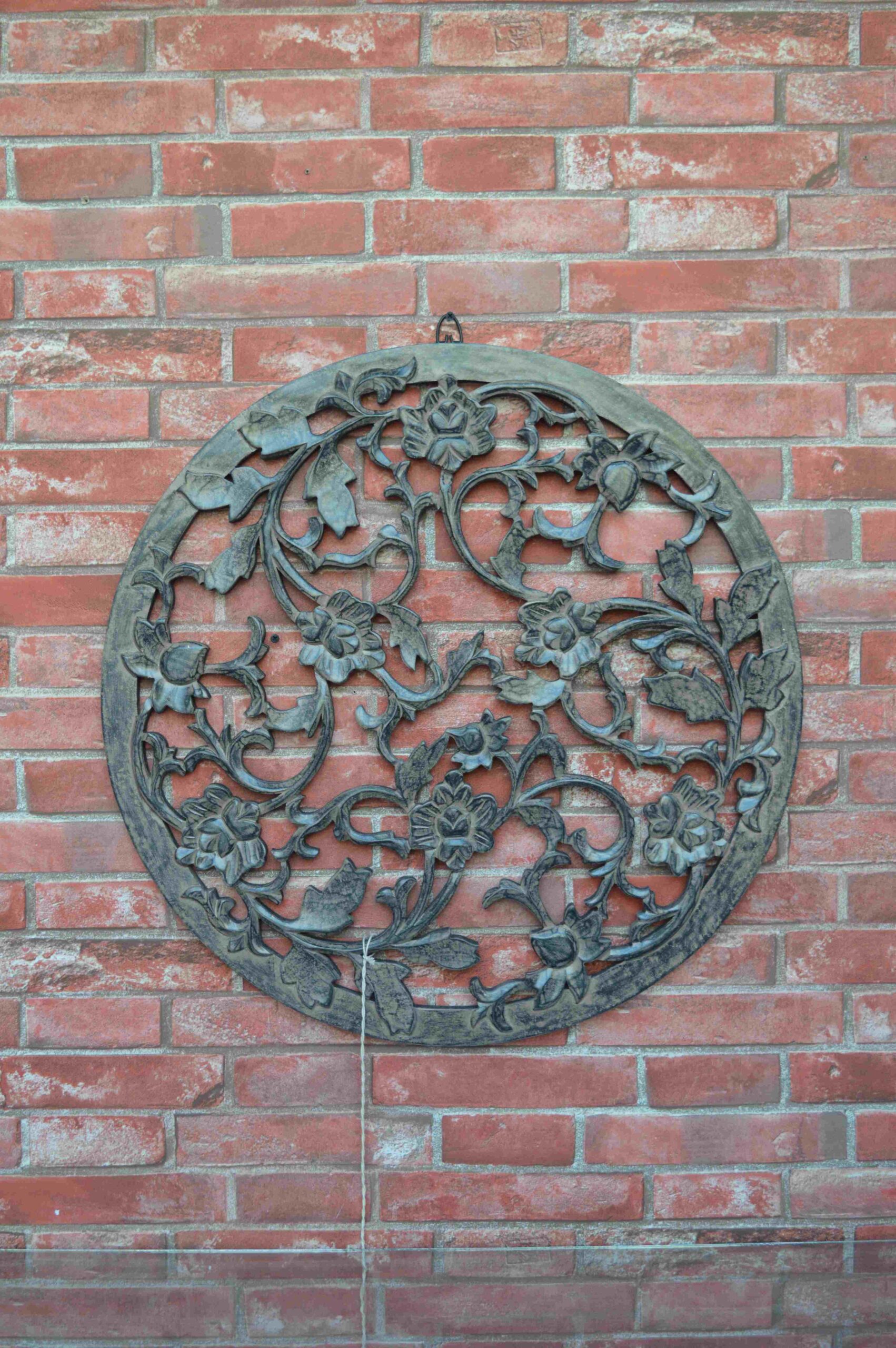 Handcrafted Round Wooden Wall Panel With Vintage Floral Vine Carving