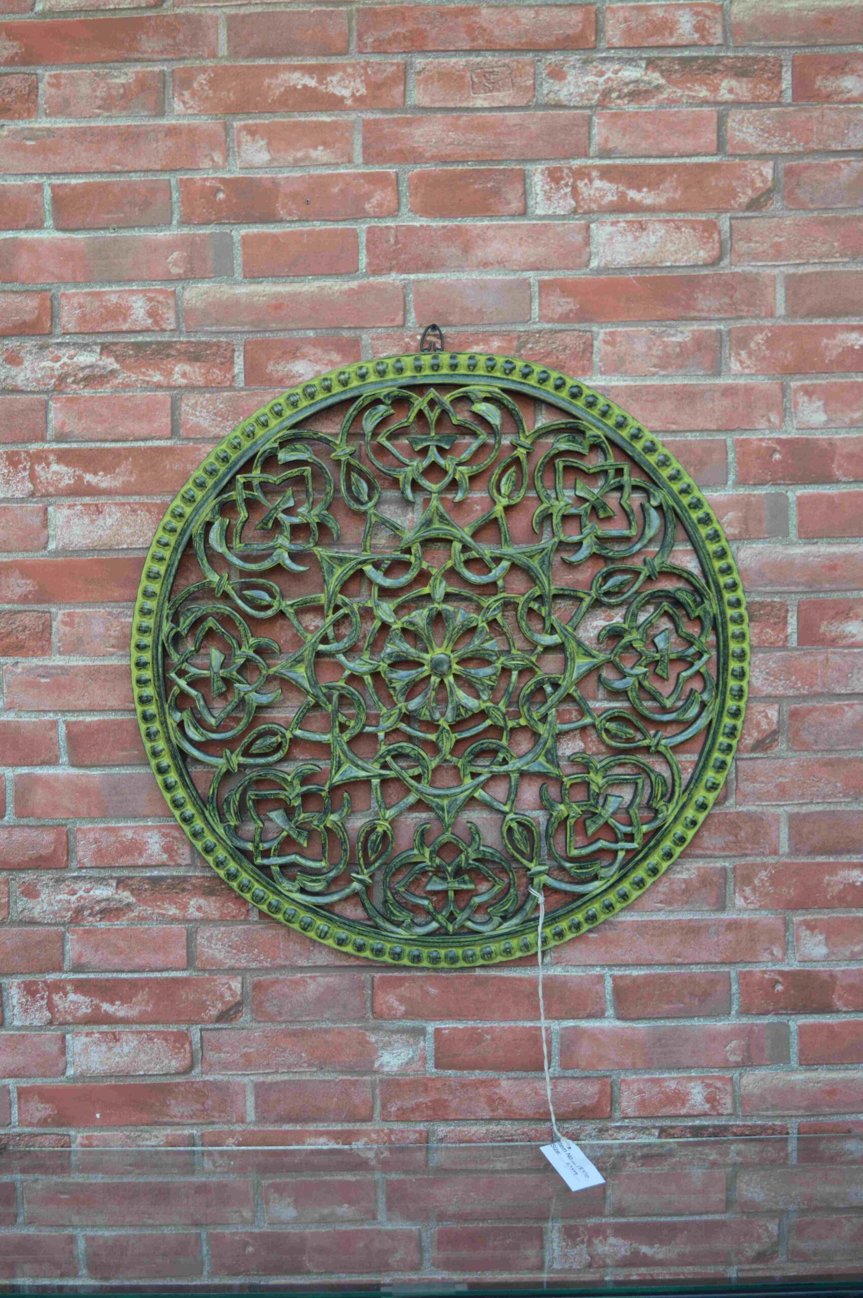 Handcrafted Round Wooden Wall Panel With Green Lattice Floral Design