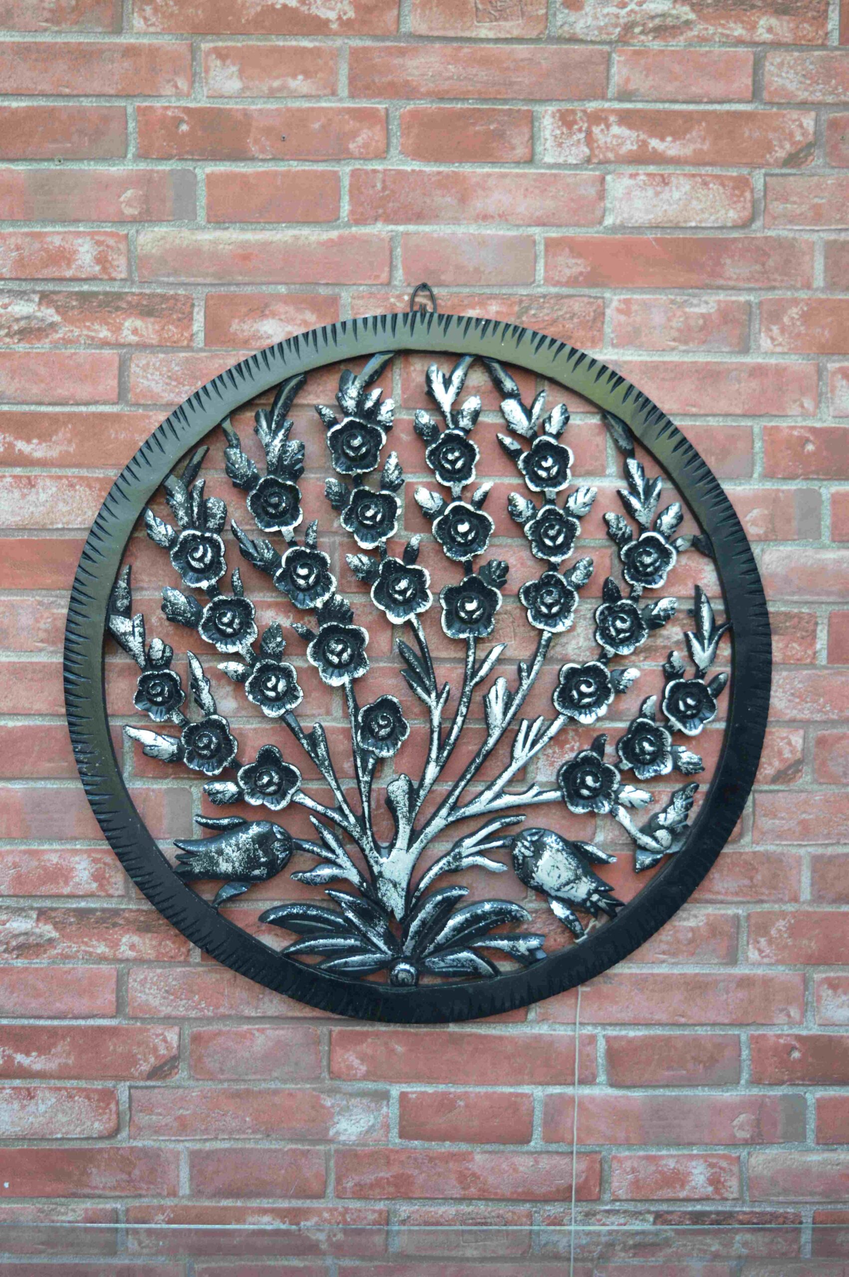 Handcrafted Round Wooden Wall Panel With Floral Tree Design