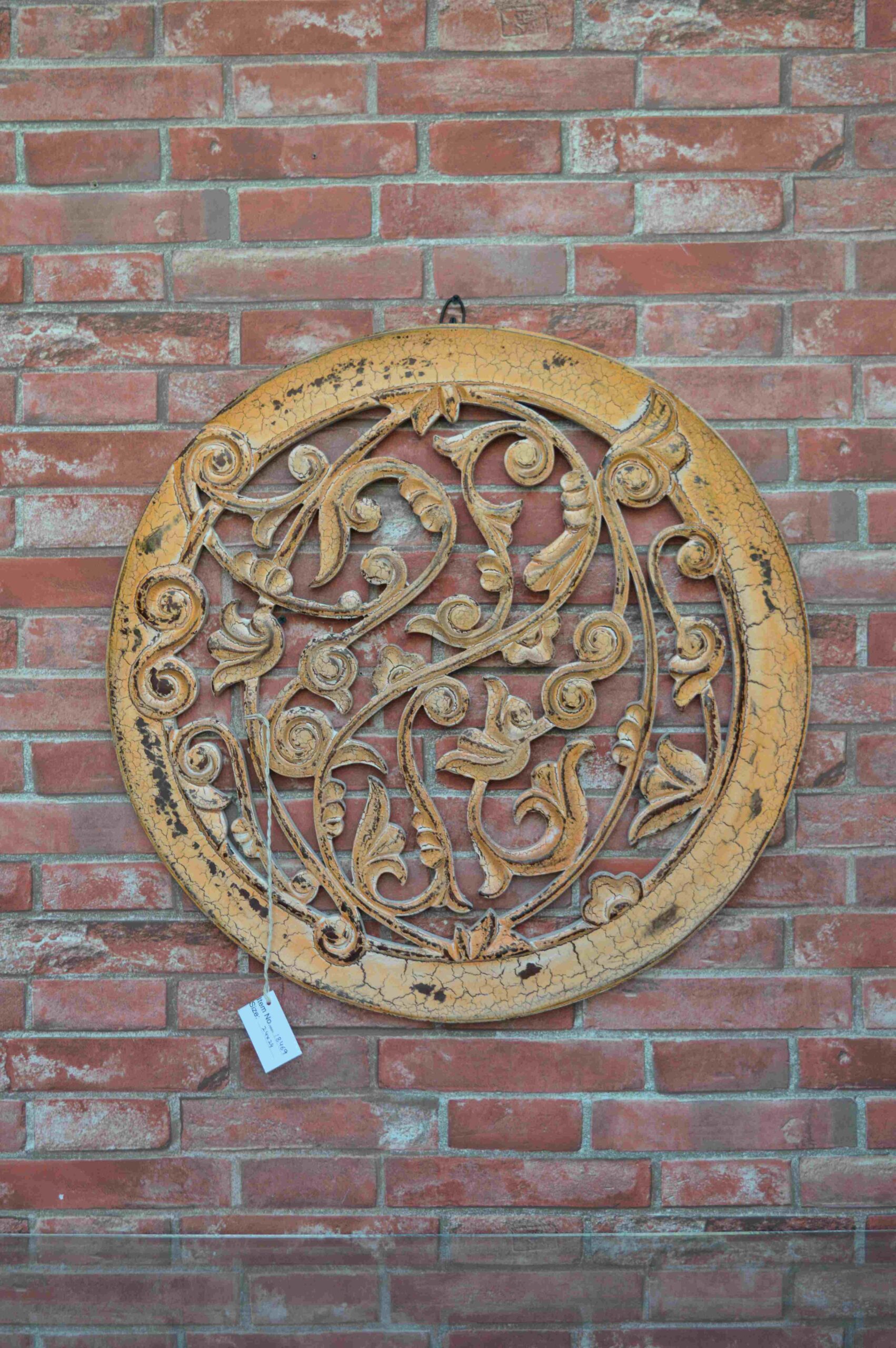 Handcrafted Round Wooden Wall Panel With Vintage Floral Scroll Design