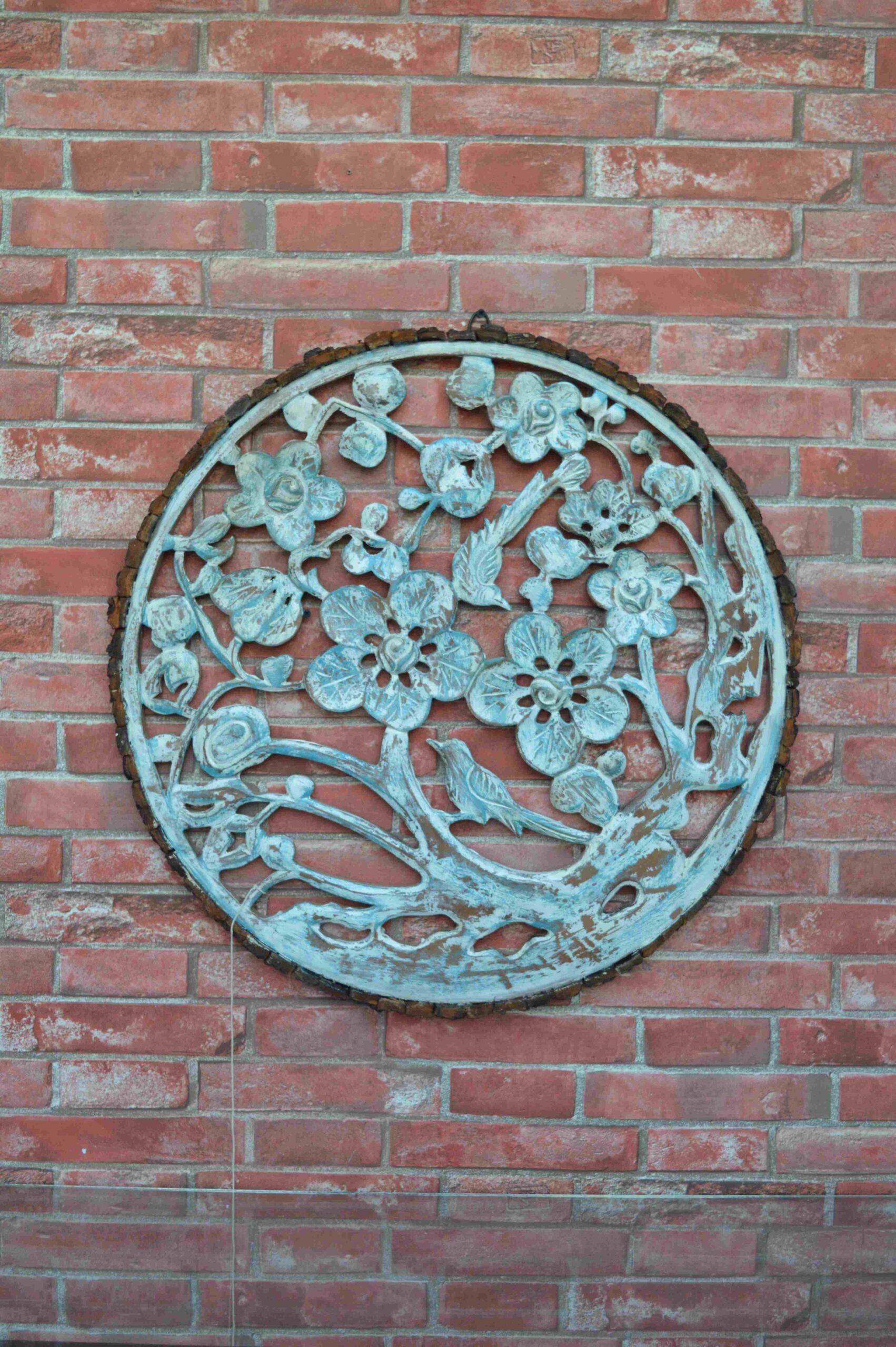 Handcrafted Round Wooden Wall Panel With Floral Blossom Design