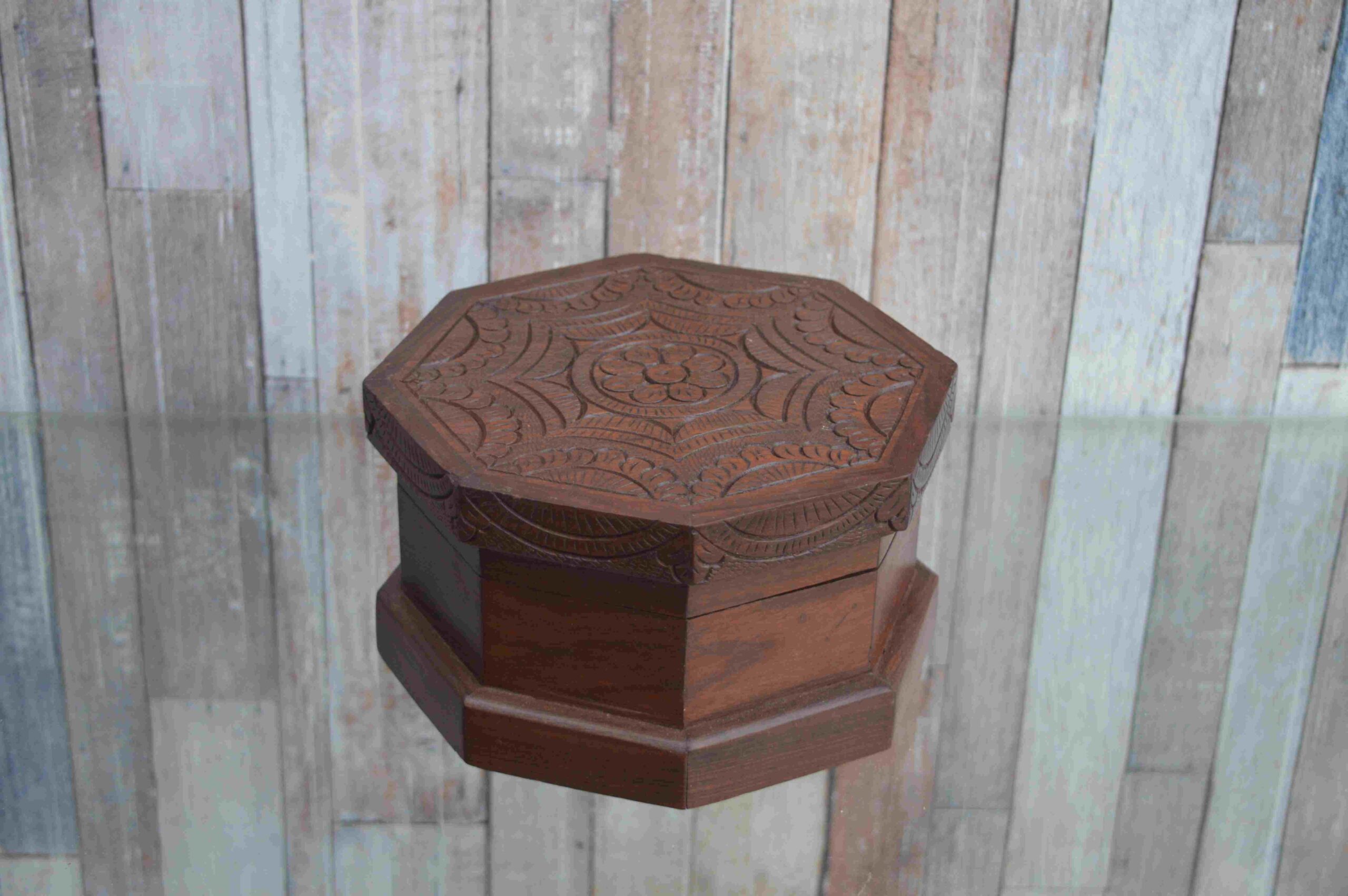 Handcrafted Wooden Octagon Box In Traditional Carved Design