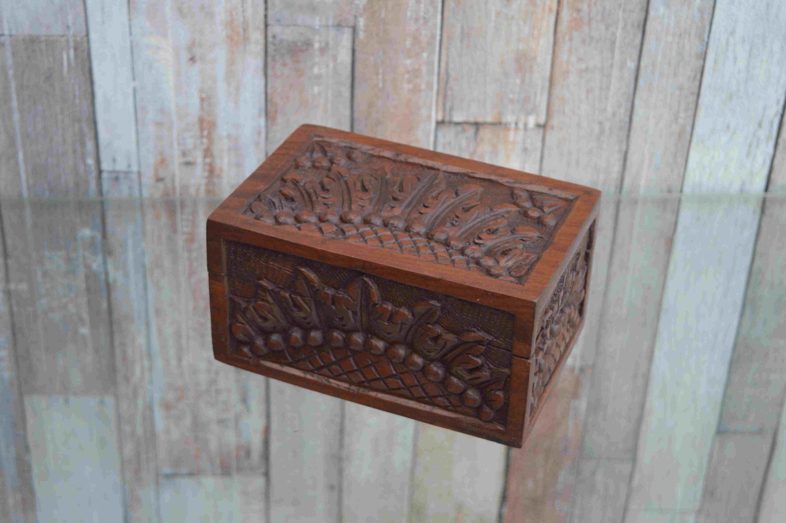 Handcrafted Wooden Rectangular Box In Leaf & Floral Carved Design