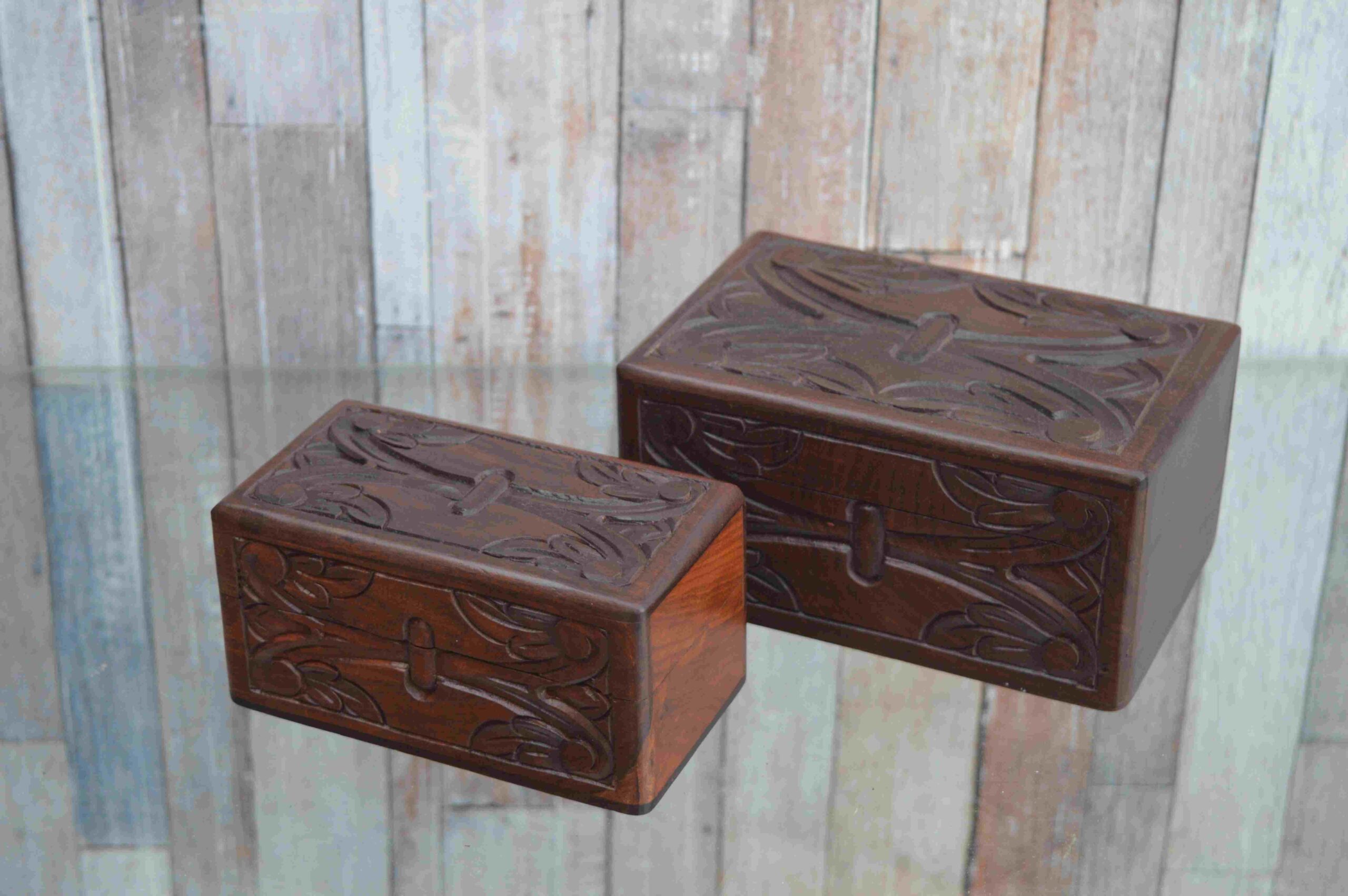 Set of 2 Handcrafted Wooden Carved Storage Box