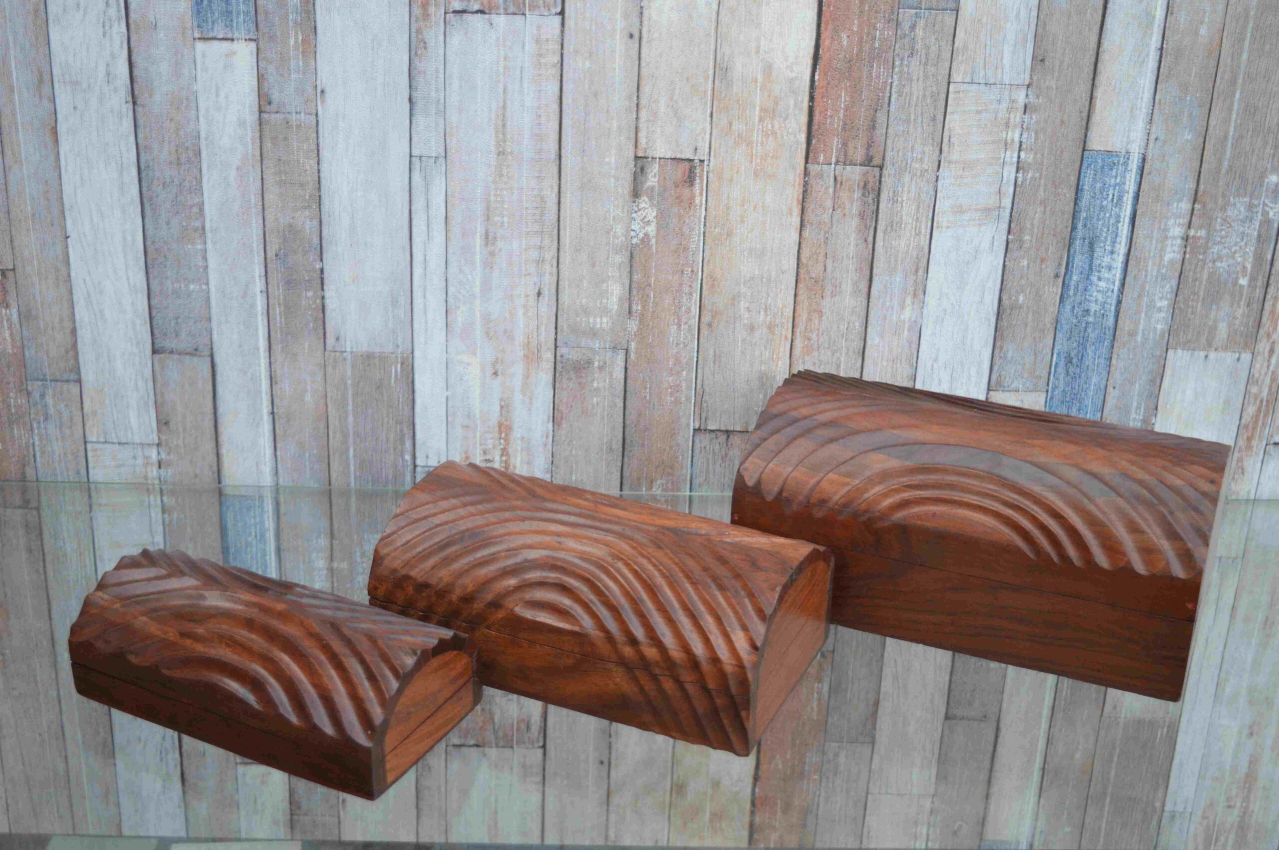 Handcrafted Wooden Wave Design Storage Box Set