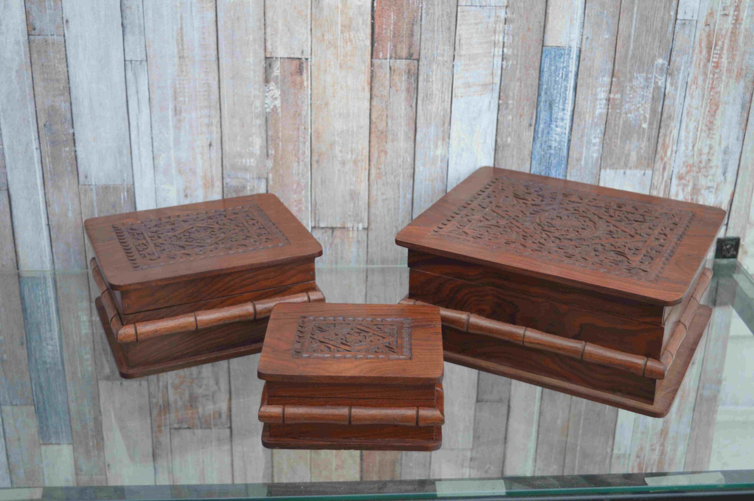 Handcrafted Wooden Carved Storage Box Set