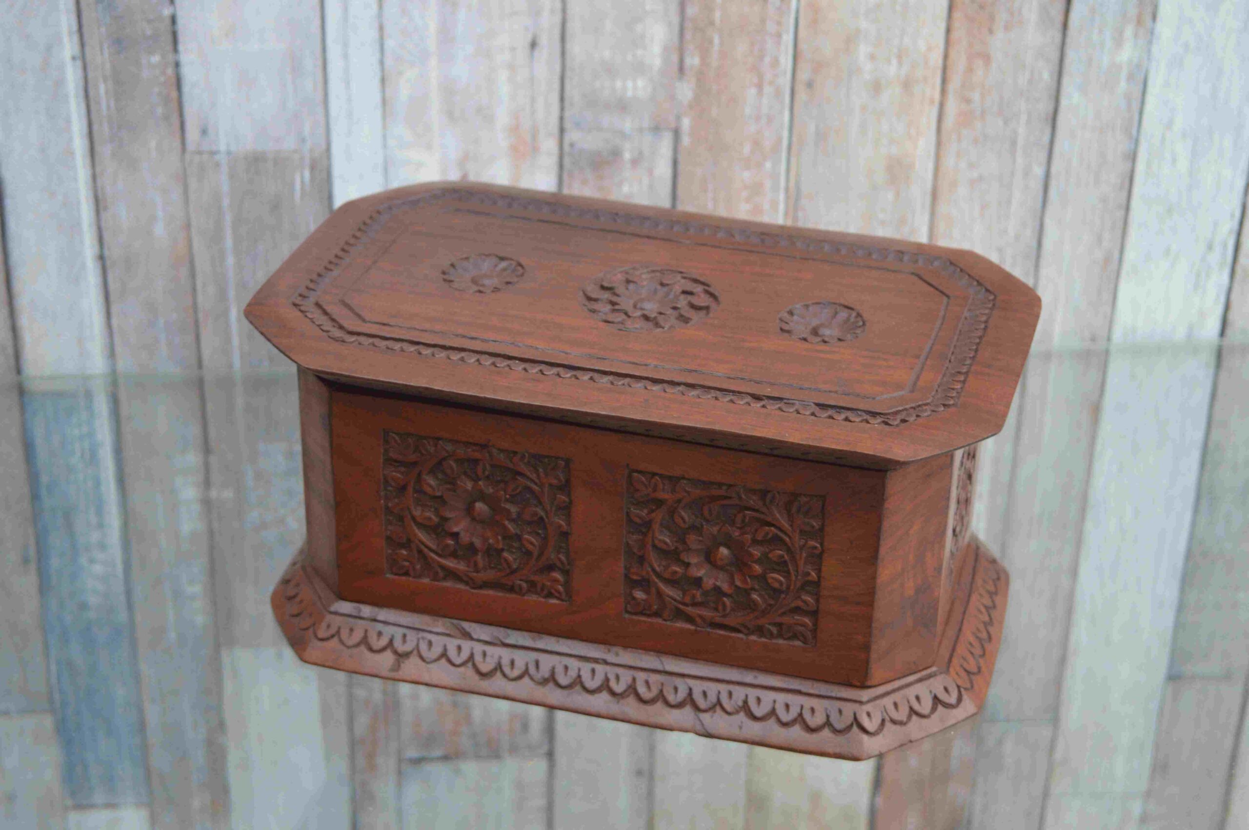 Handcrafted Wooden Jewellery Box With Floral Carving Design