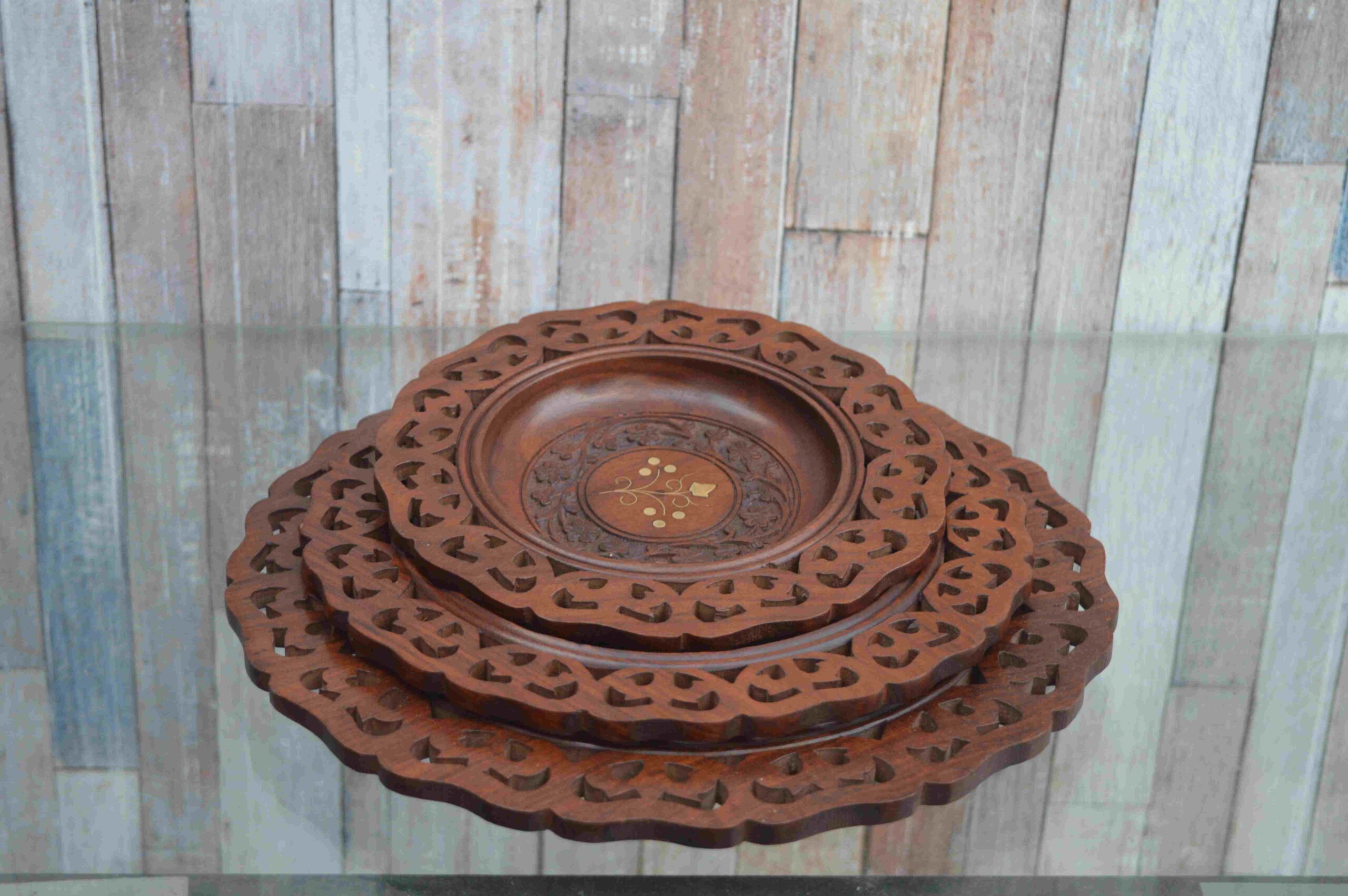 Handcrafted Wooden Decorative Plates with Ornate Cutwork