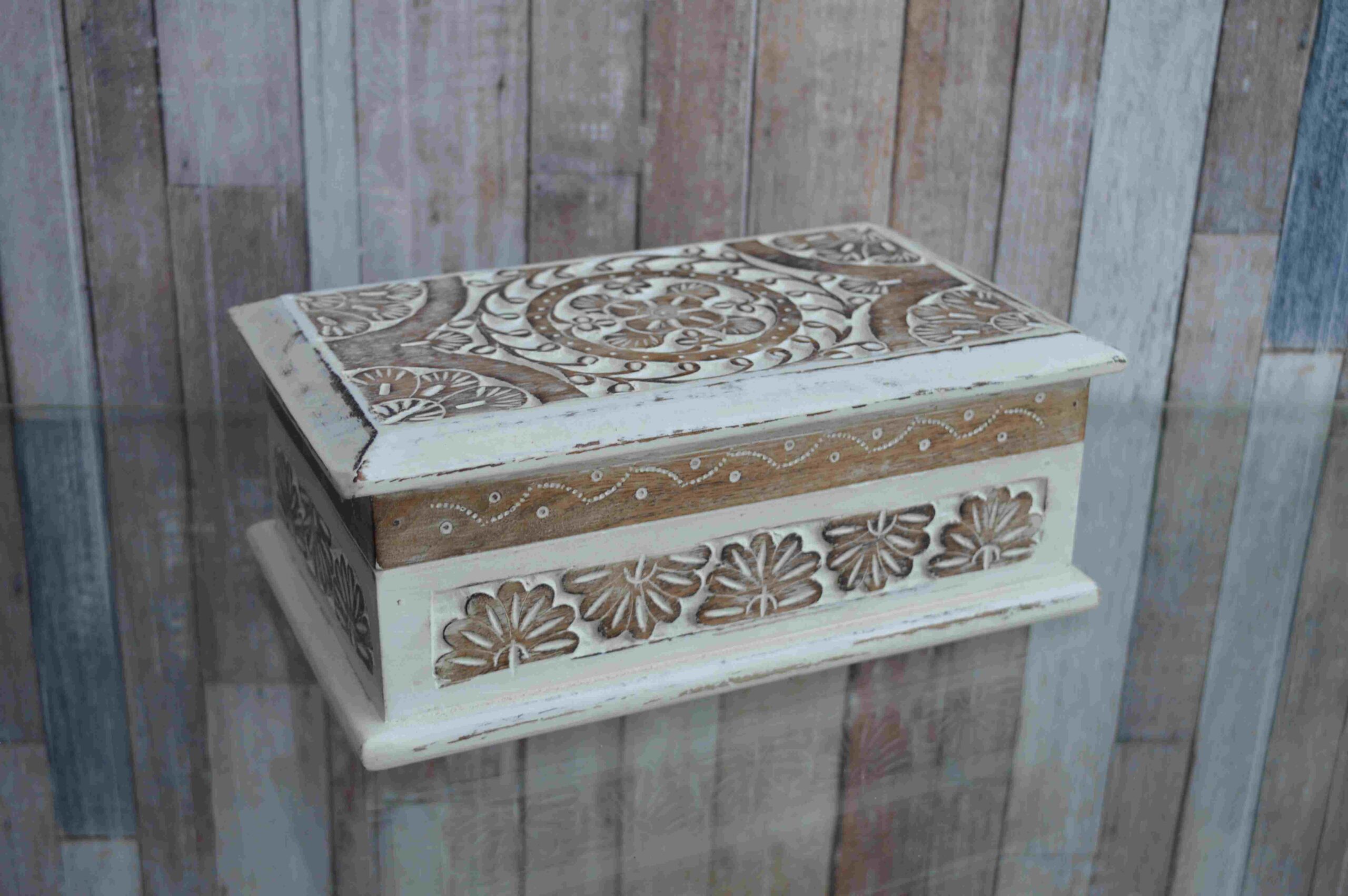 Vintage Hand Carved Wooden Jewelry Box With Antique White Finish MHJB04