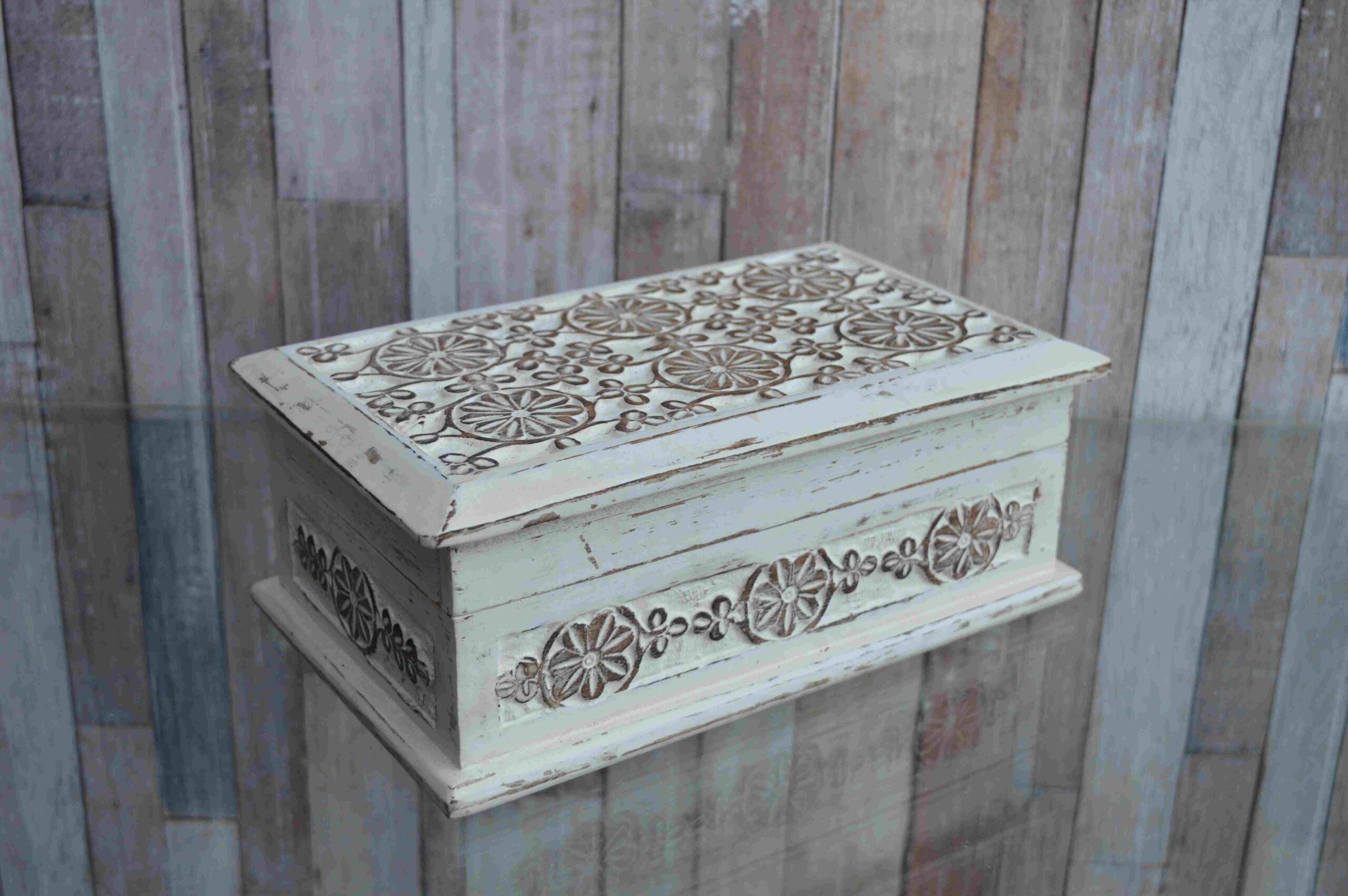 Vintage Hand Carved Wooden Jewelry Box With Antique White Finish MHJB03