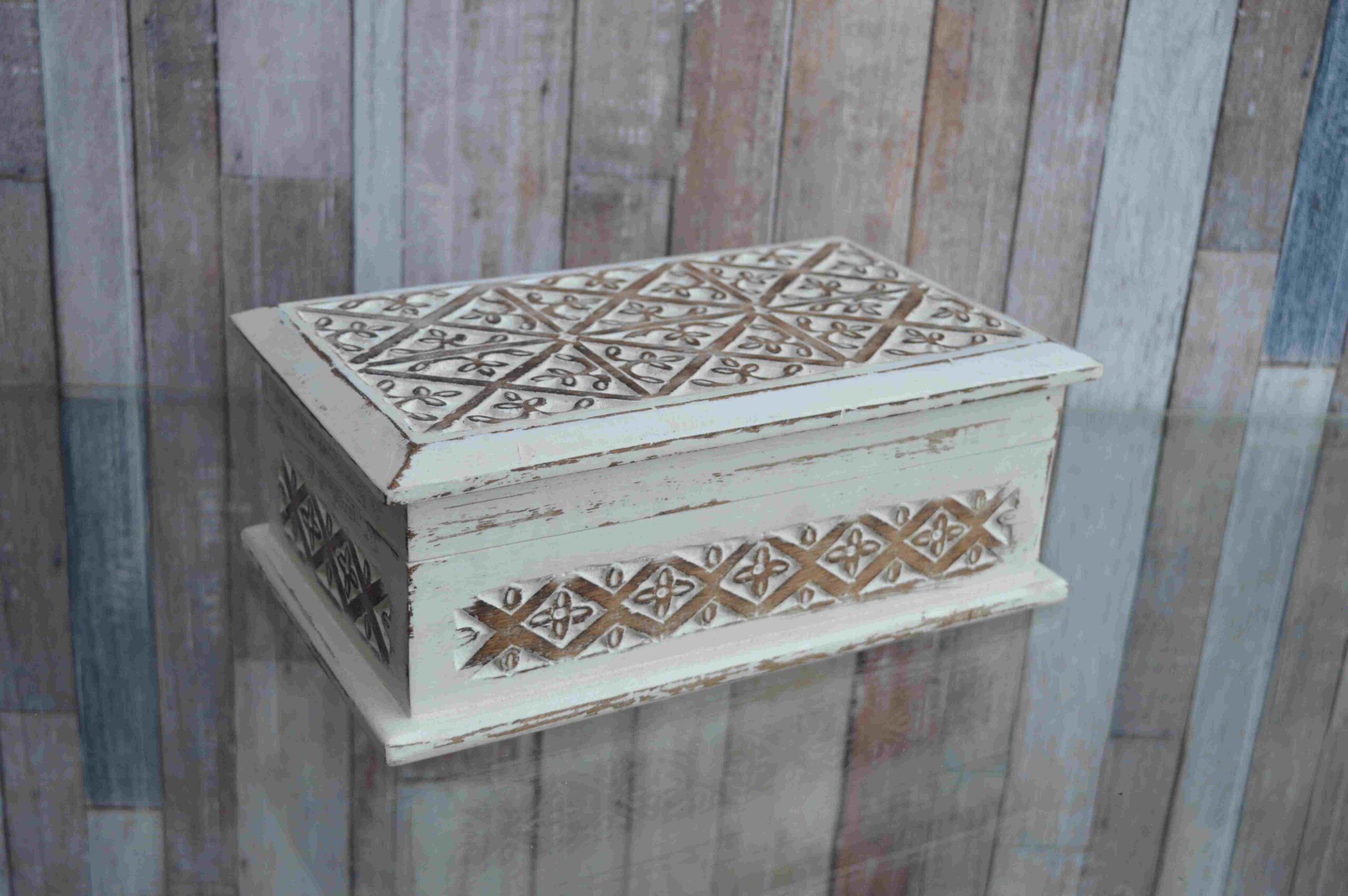 Vintage Hand Carved Wooden Jewelry Box With Antique White Finish MHJB02