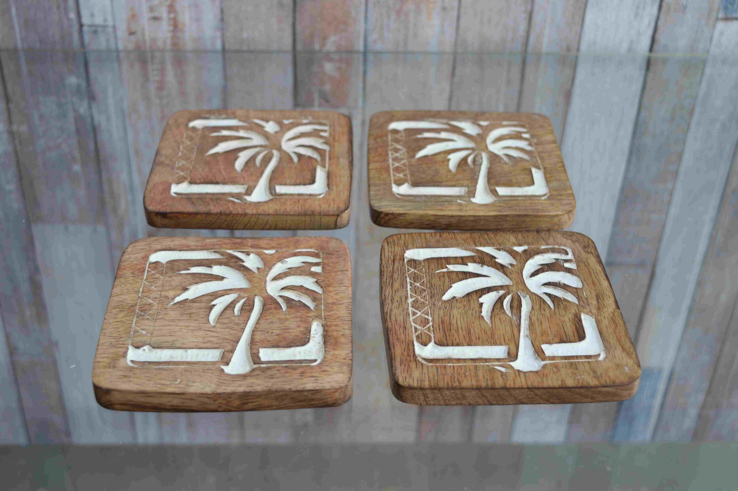 Handcrafted Wooden Coasters – Carved Palm Tree Design MHCS12