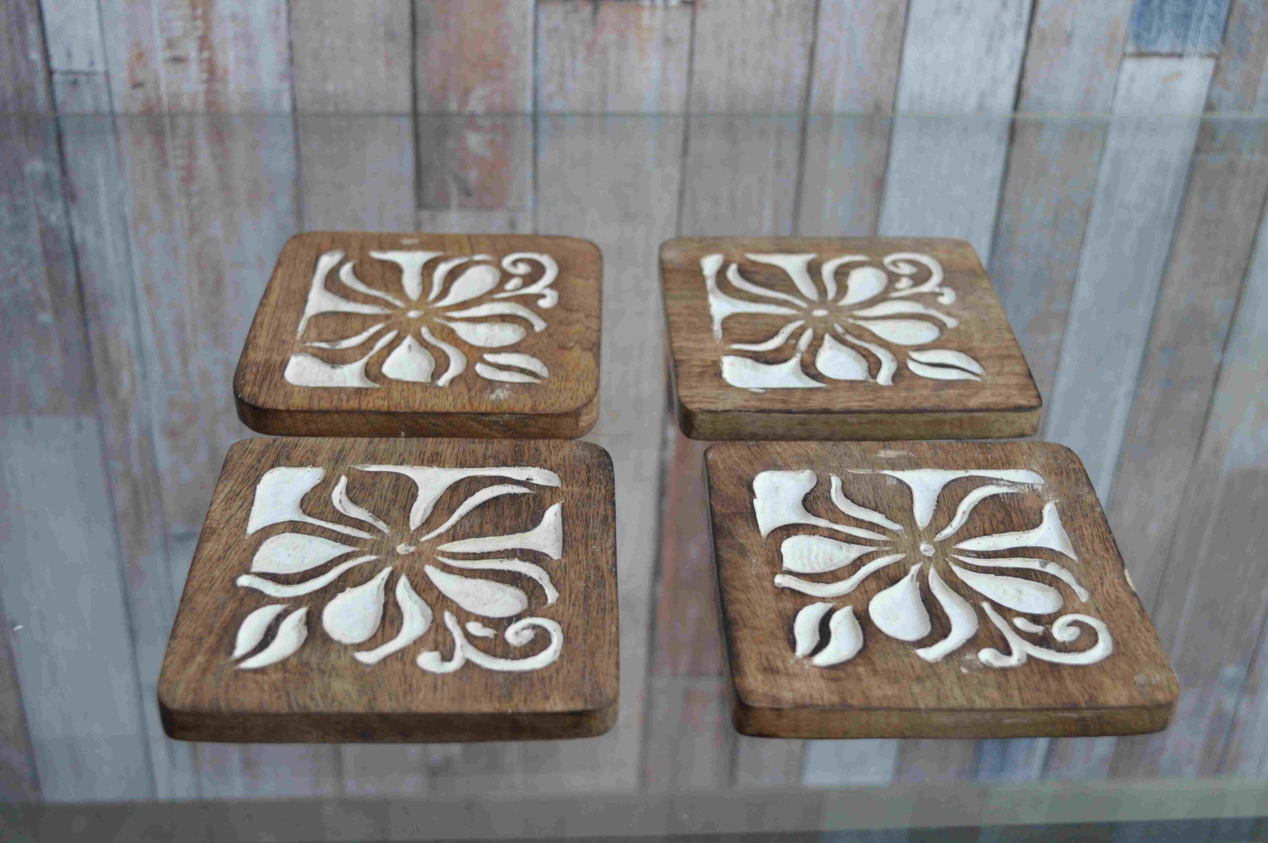 Handcrafted Wooden Coasters With White Floral Design MHCS11