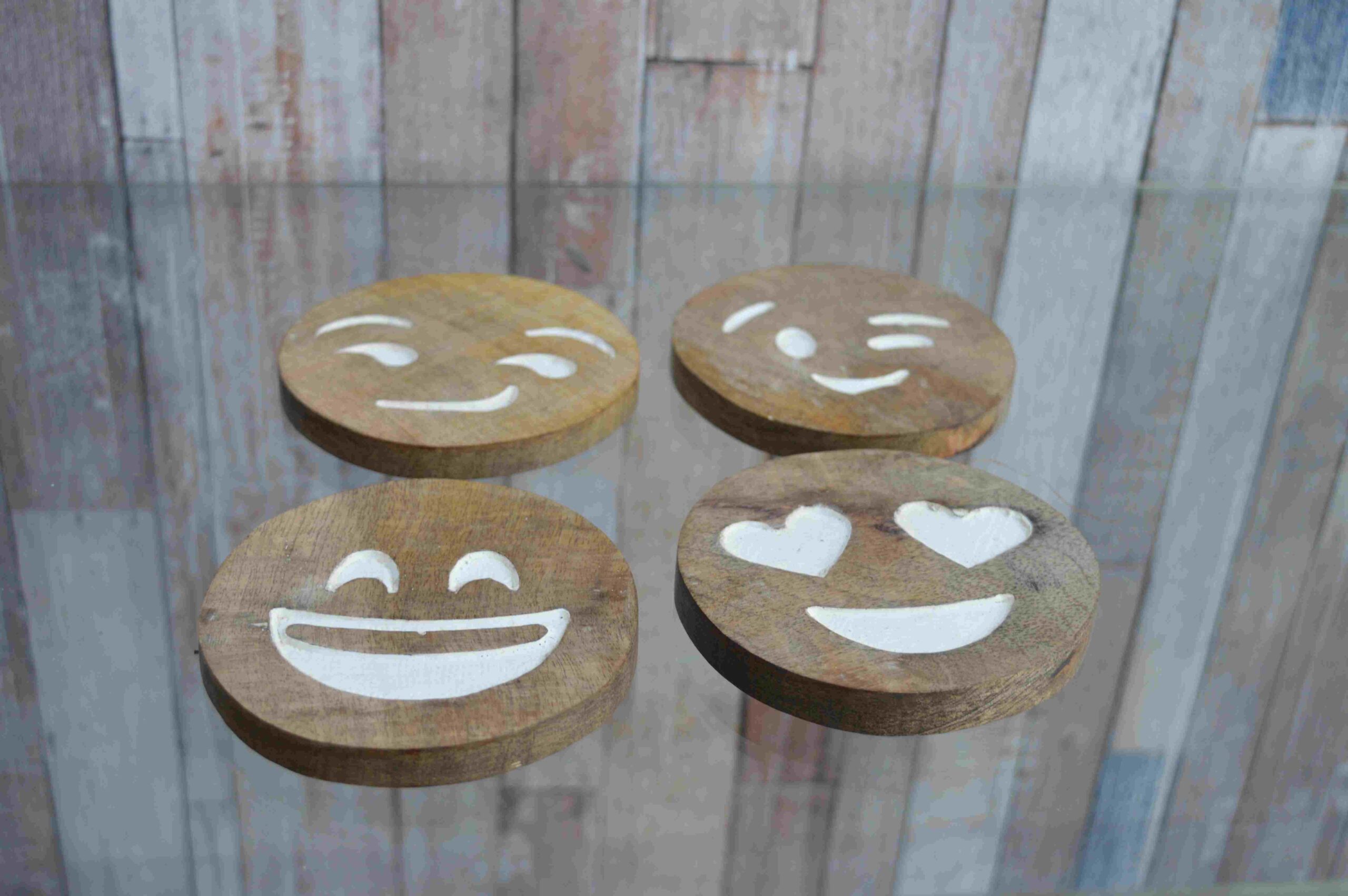 Handcrafted Wooden Emoji Coaster Set – Set of 4 Fun Expressions MHCS08