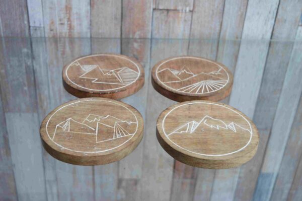 Set of 4 Handcrafted Wooden Coasters – Minimalist Mountain Nature Design MHCS07