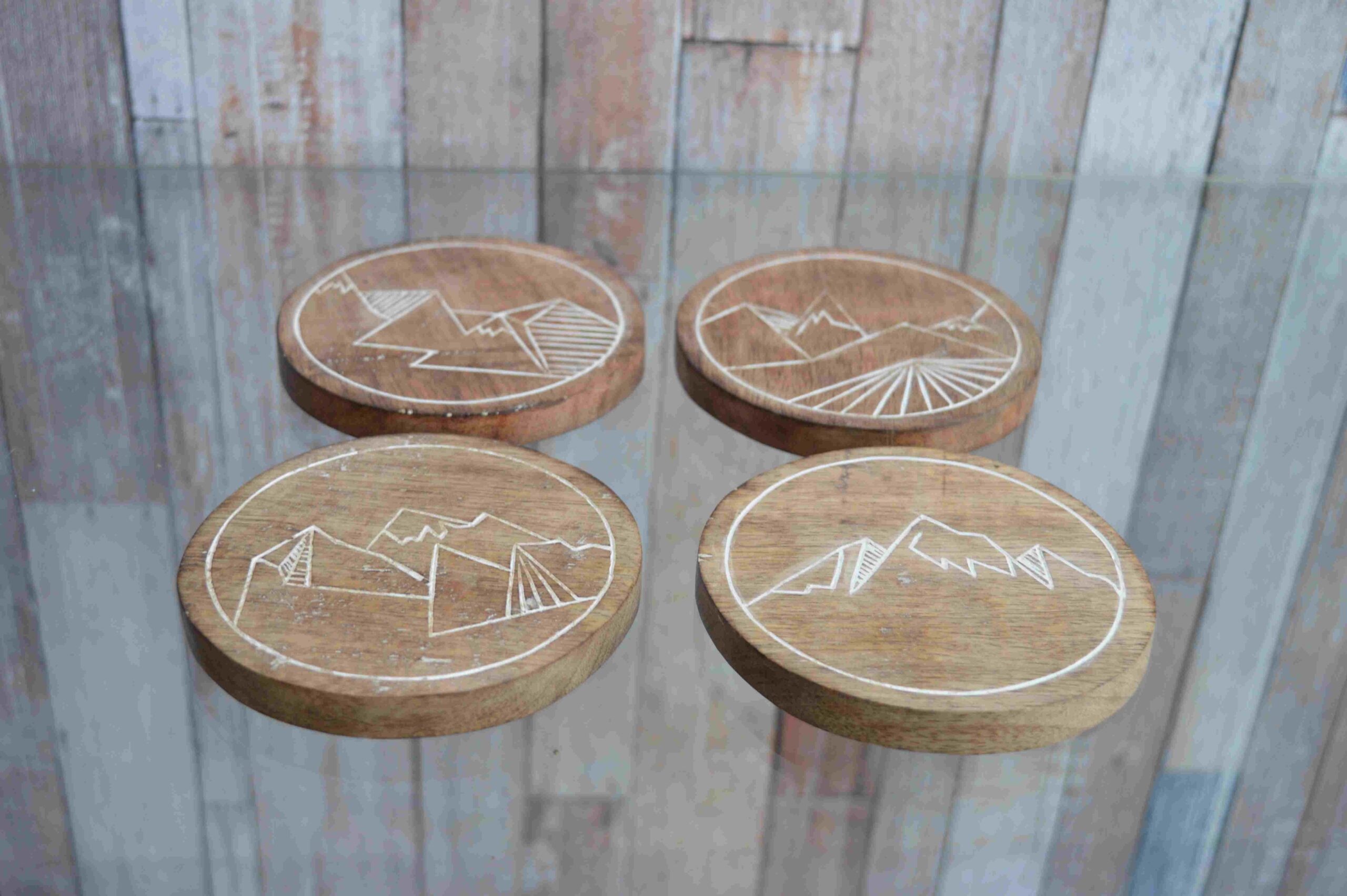 Set of 4 Handcrafted Wooden Coasters – Minimalist Mountain Nature Design MHCS07