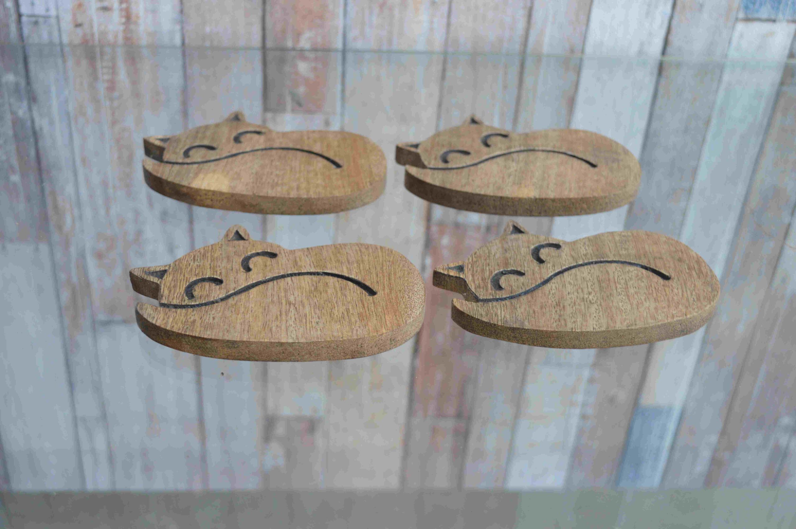 Set of 4 Handcrafted Wooden Coasters – Cat Design MHCS05