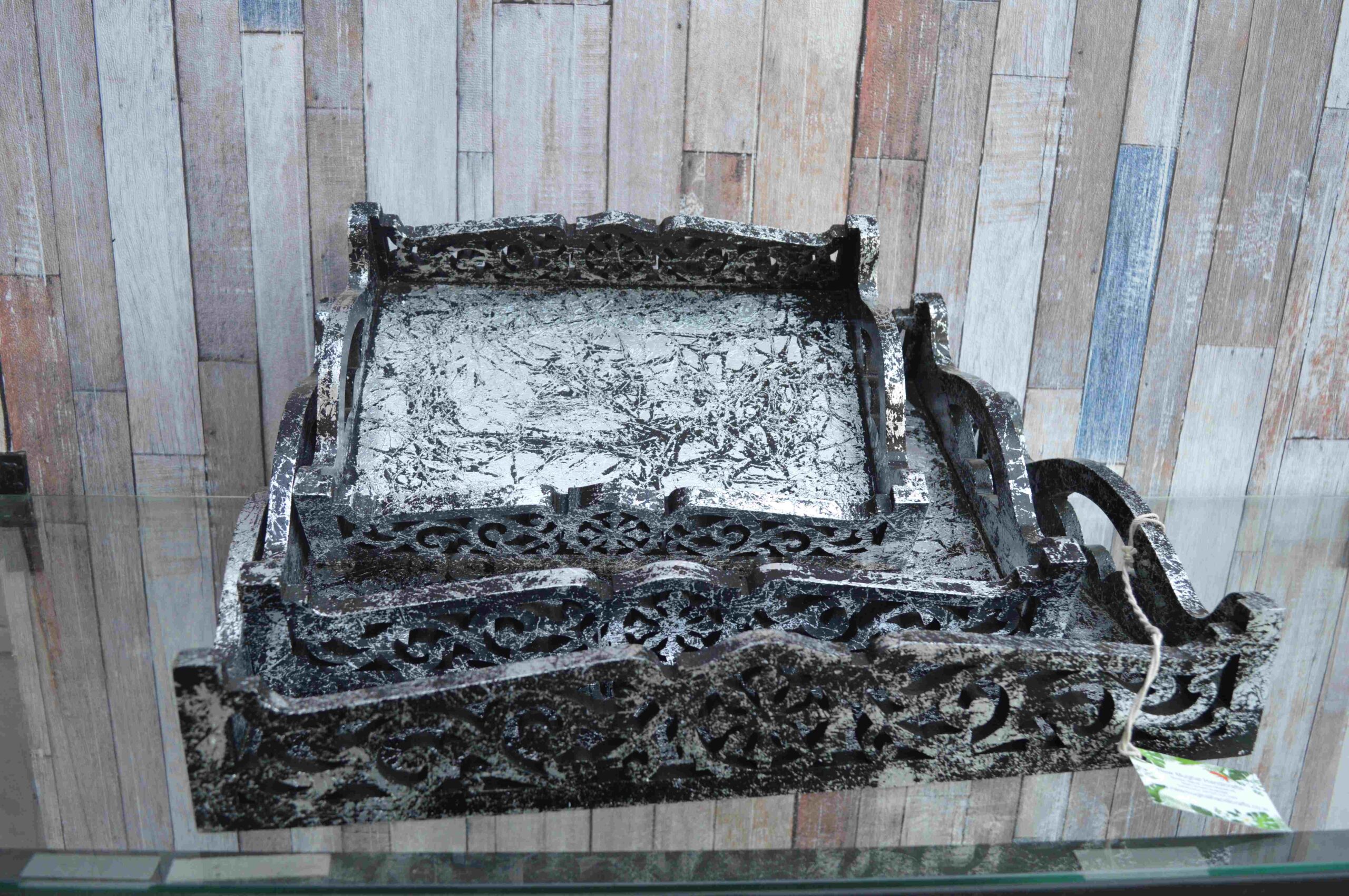 Set of 3 Distressed Black Wooden Serving Trays – HandCarved Ornate Design MHST07