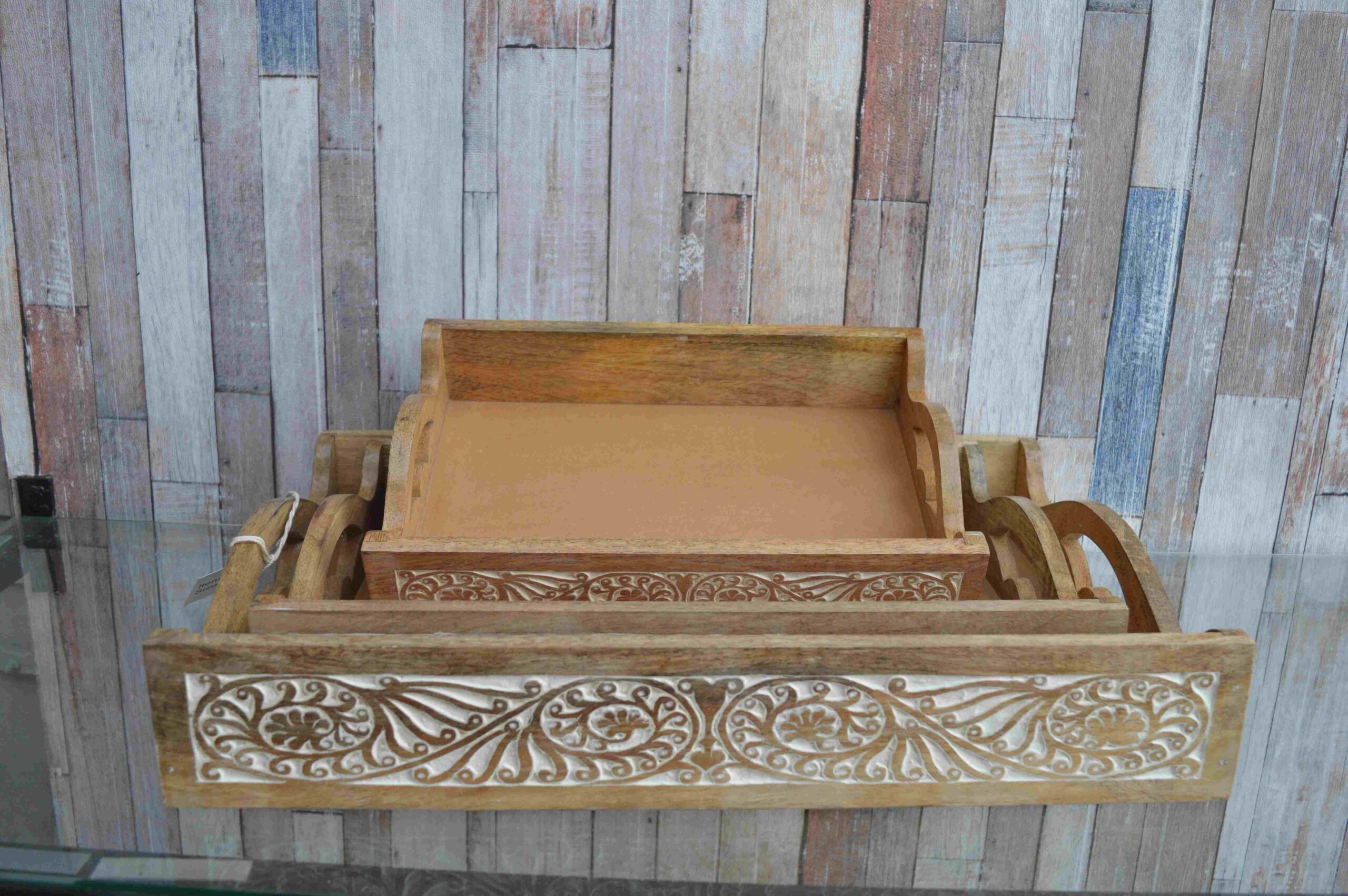 Set of 3 HandCarved Wooden Serving Trays – Whitewashed Scrollwork Design MHST06