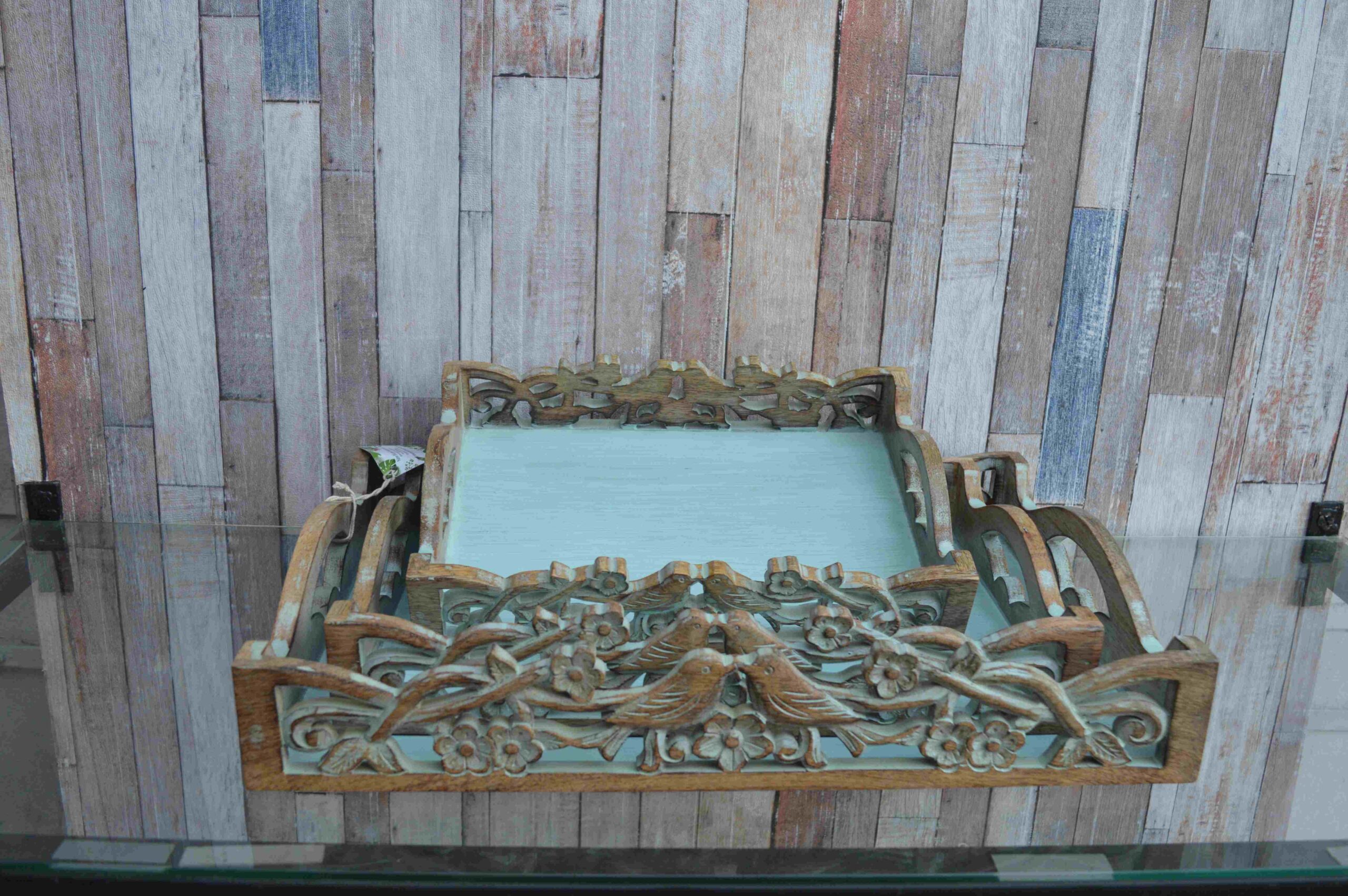 HandCarved Wooden Serving Trays – Bird & Floral Motif with Distressed Finish MHST05