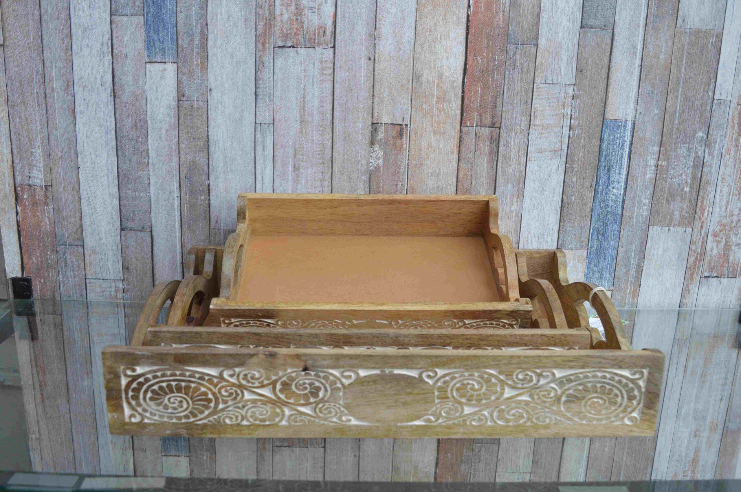 Set of 3 Hand-Carved Wooden Serving Trays – Ornate Floral Scroll Design MHST04