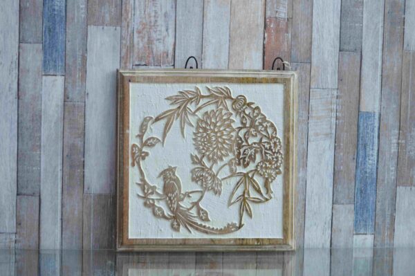 Wooden Carved Flower & Bird Wall Art Square Framed Panel MHDW11