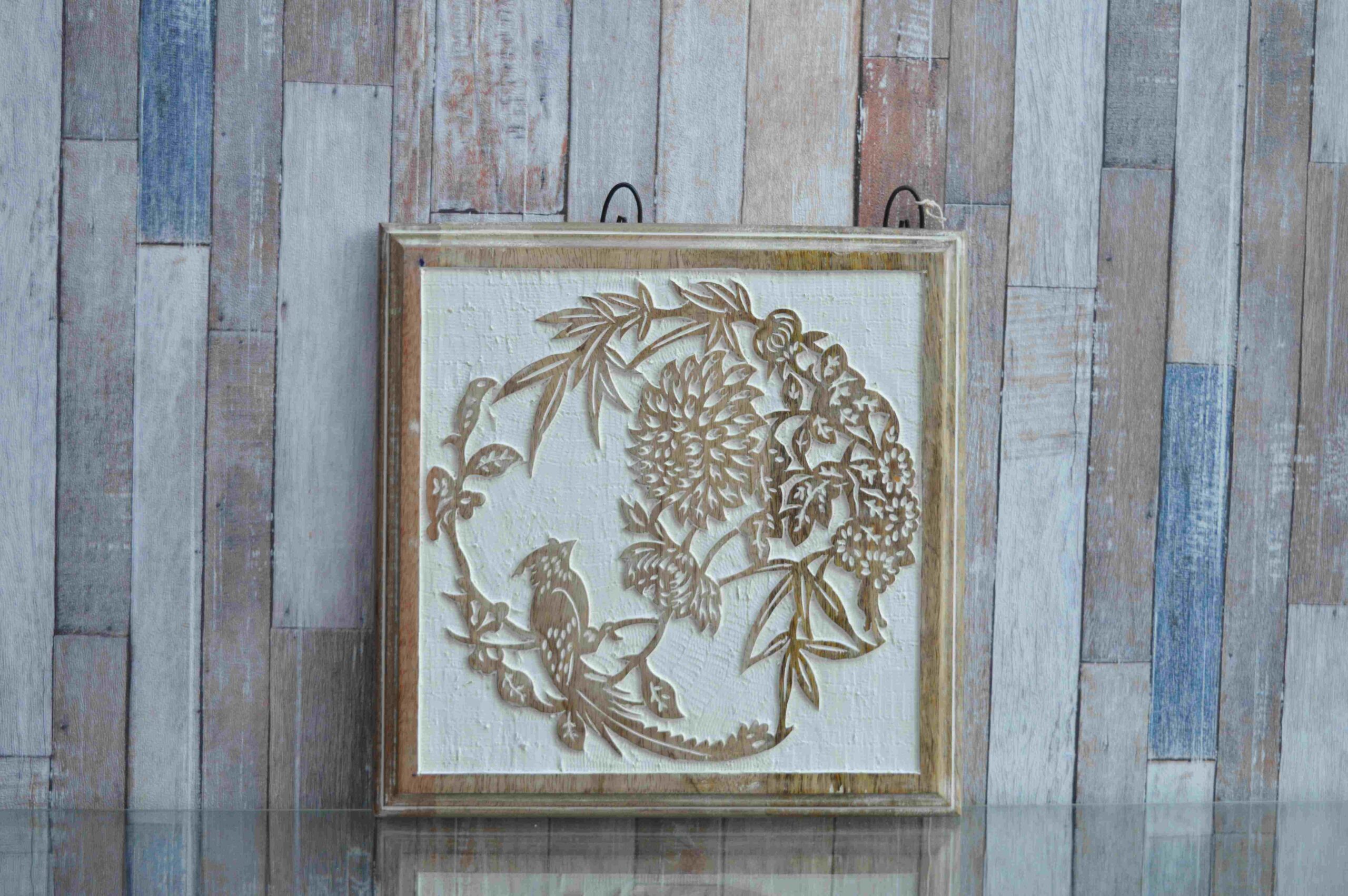Wooden Carved Flower & Bird Wall Art Square Framed Panel MHDW11
