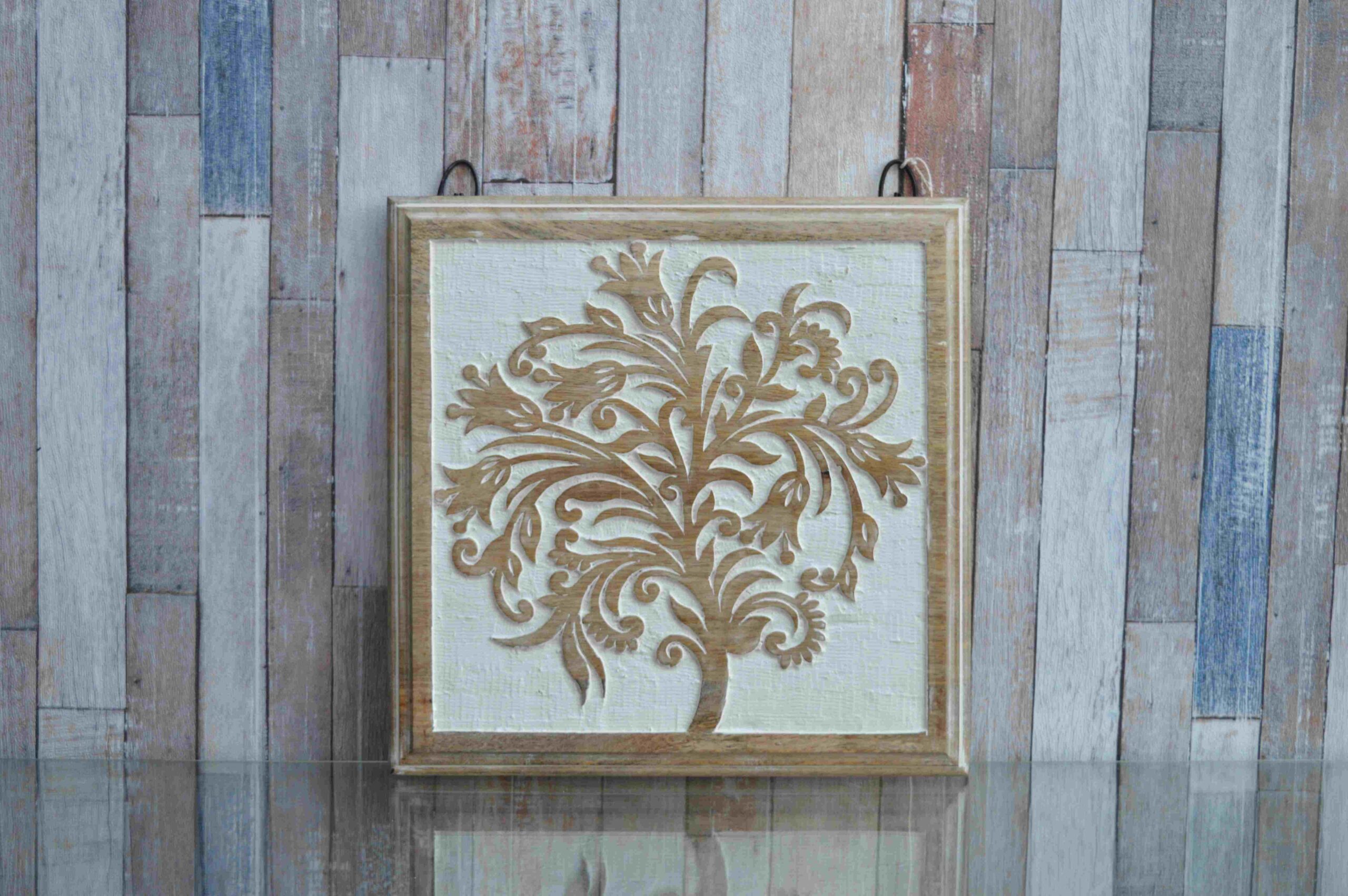 Wooden Carved Tree Wall Art Square Framed Panel MHDW10