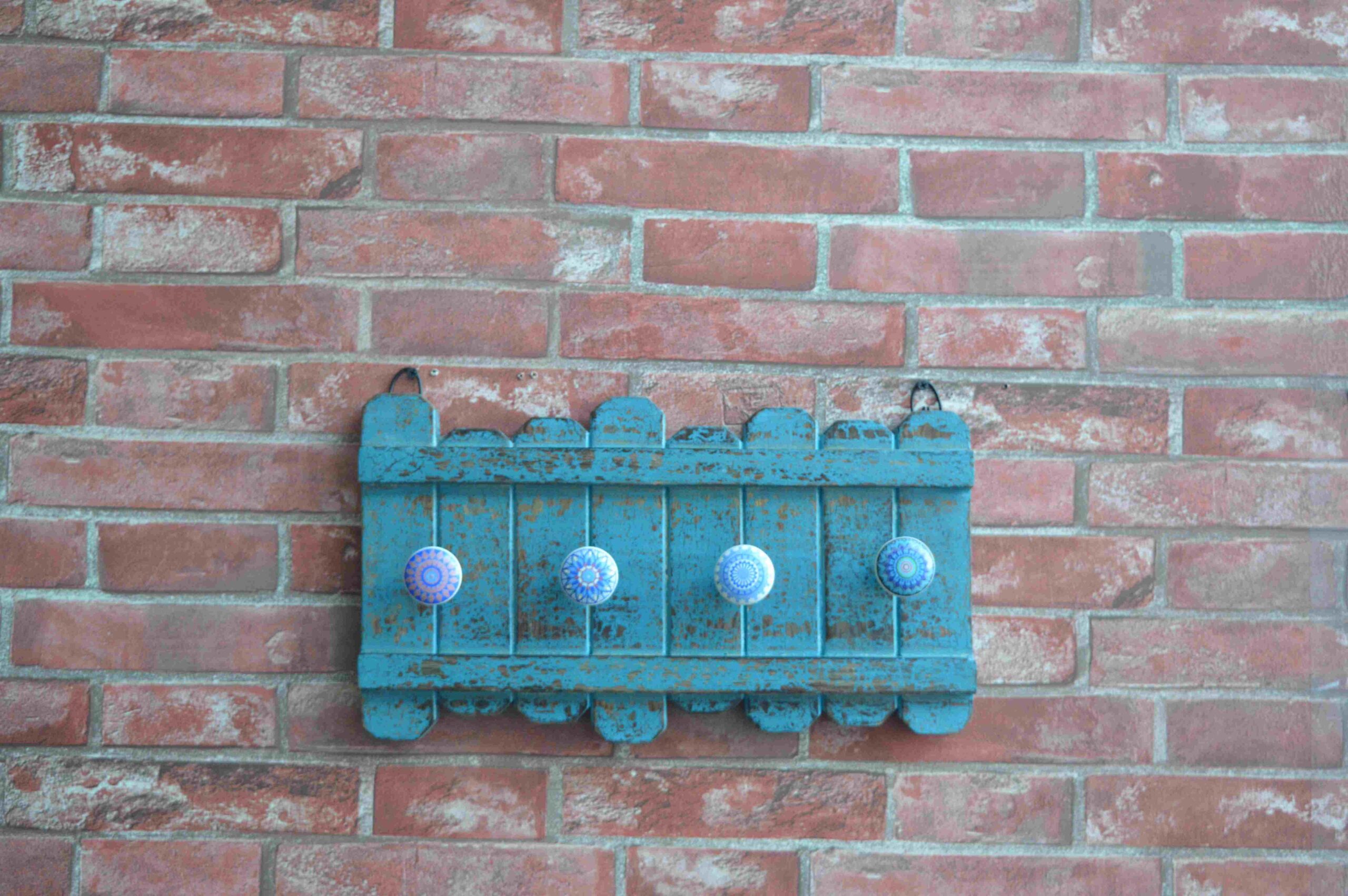Antique Handcrafted Blue Wooden Wall Hook Rack MHWD02