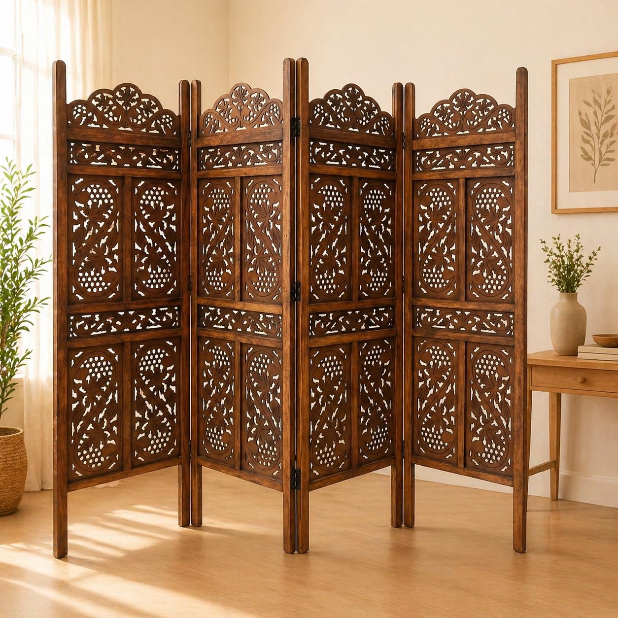 Wooden Room Divider Partition – 5-FT Folding Privacy Screen Decorative Freestanding Panel for Home, Office & Studio with SS Design Cutout